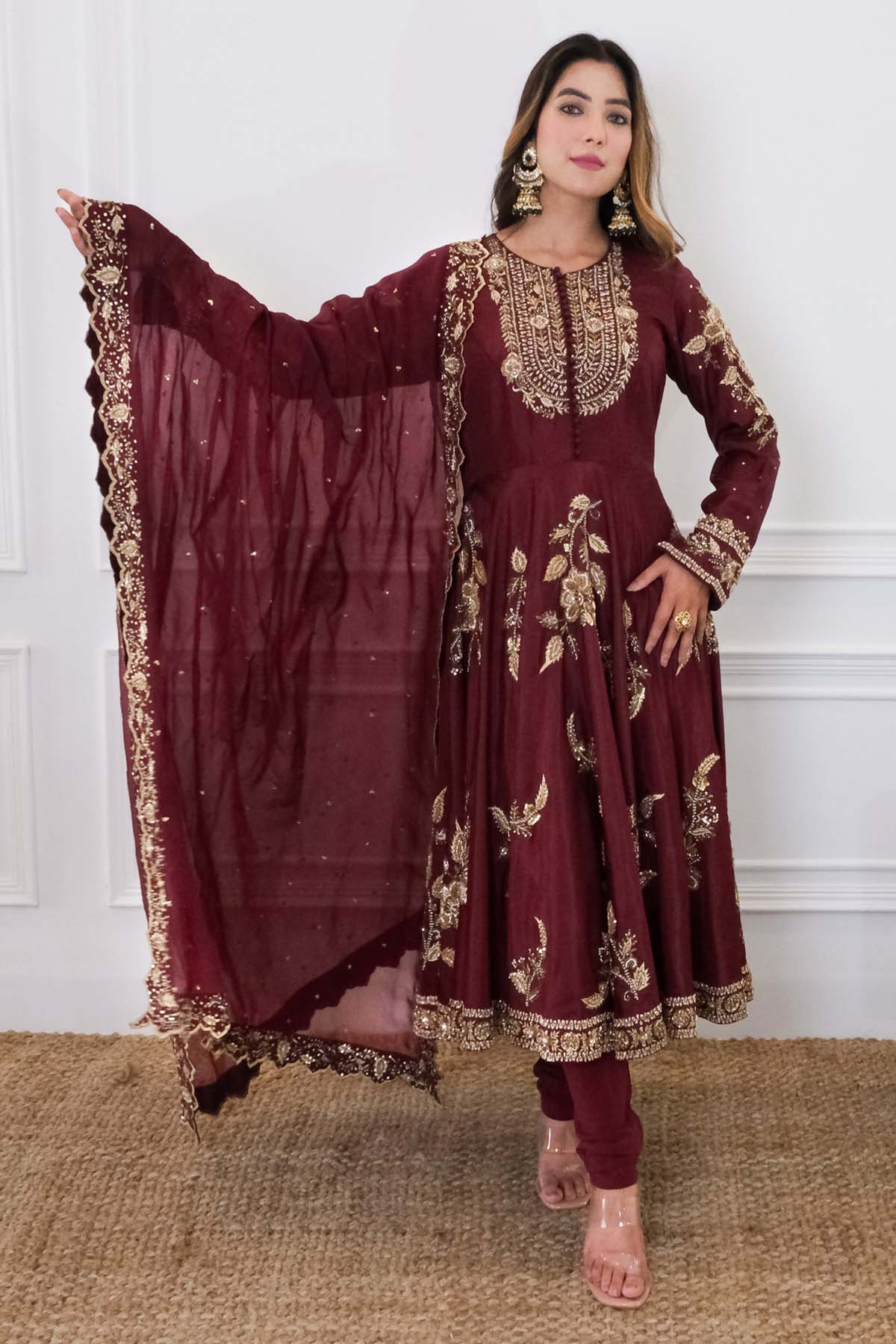 Embroidered Wine Anarkali Set