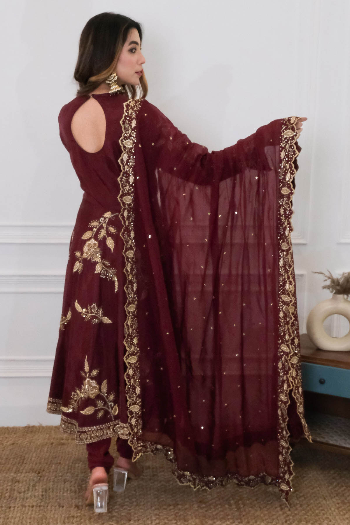 Embroidered Wine Anarkali Set