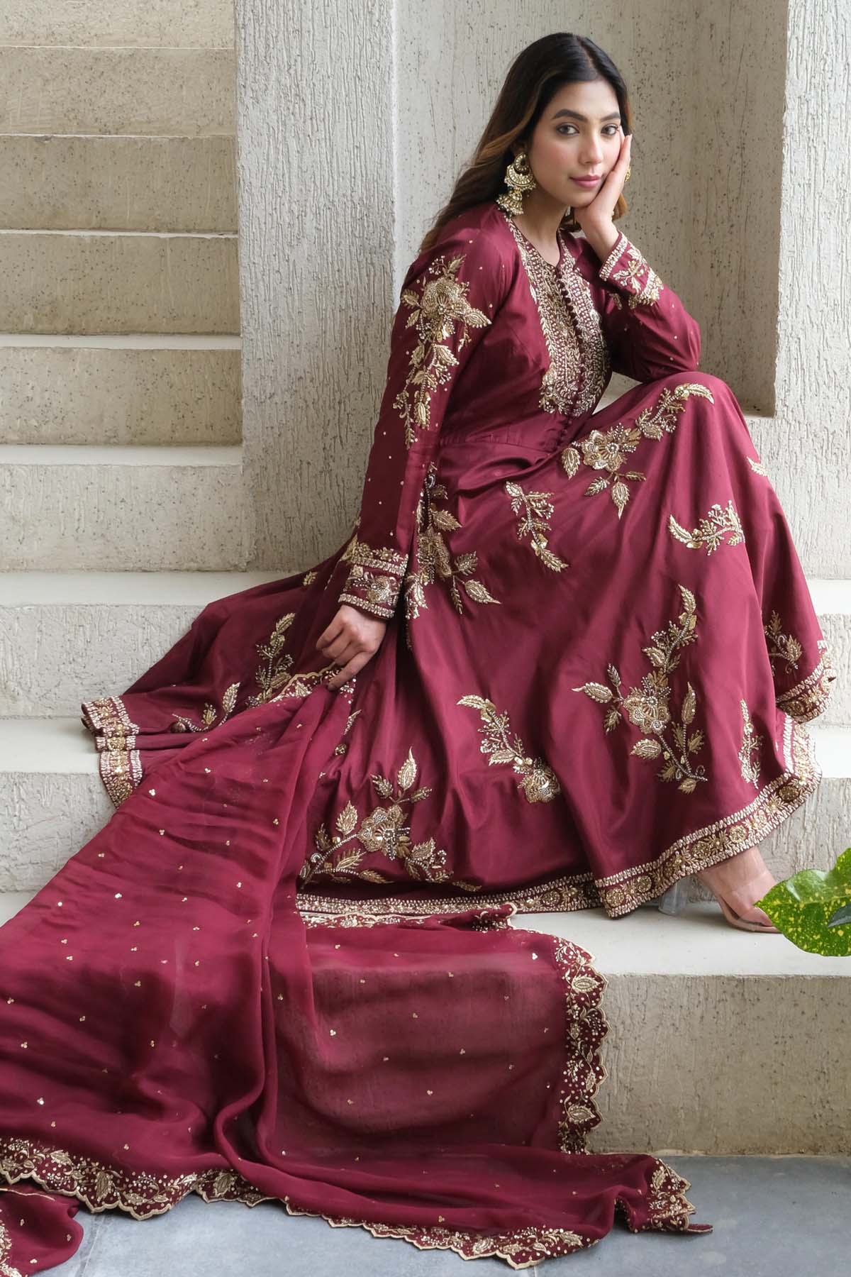Embroidered Wine Anarkali Set