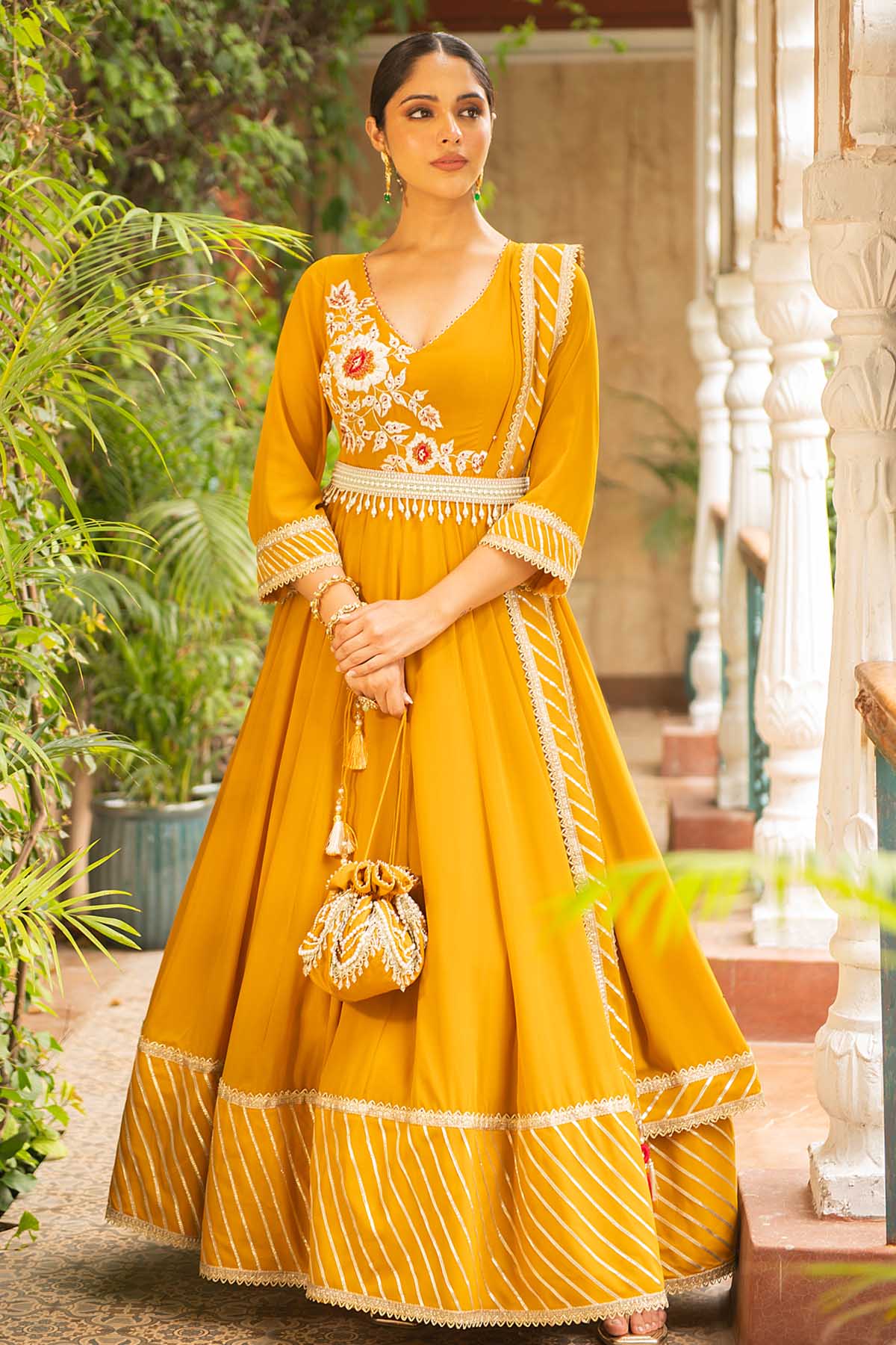 Ajiesh Oberoi Embroidered Yellow Anarkali Set for women online at ScrollnShops