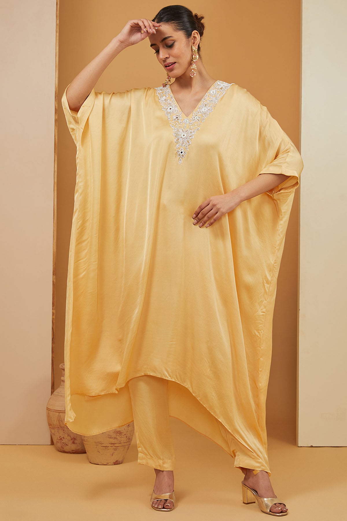 Neha Khullar Embroidered Yellow Kaftan Set for women online at ScrollnShops