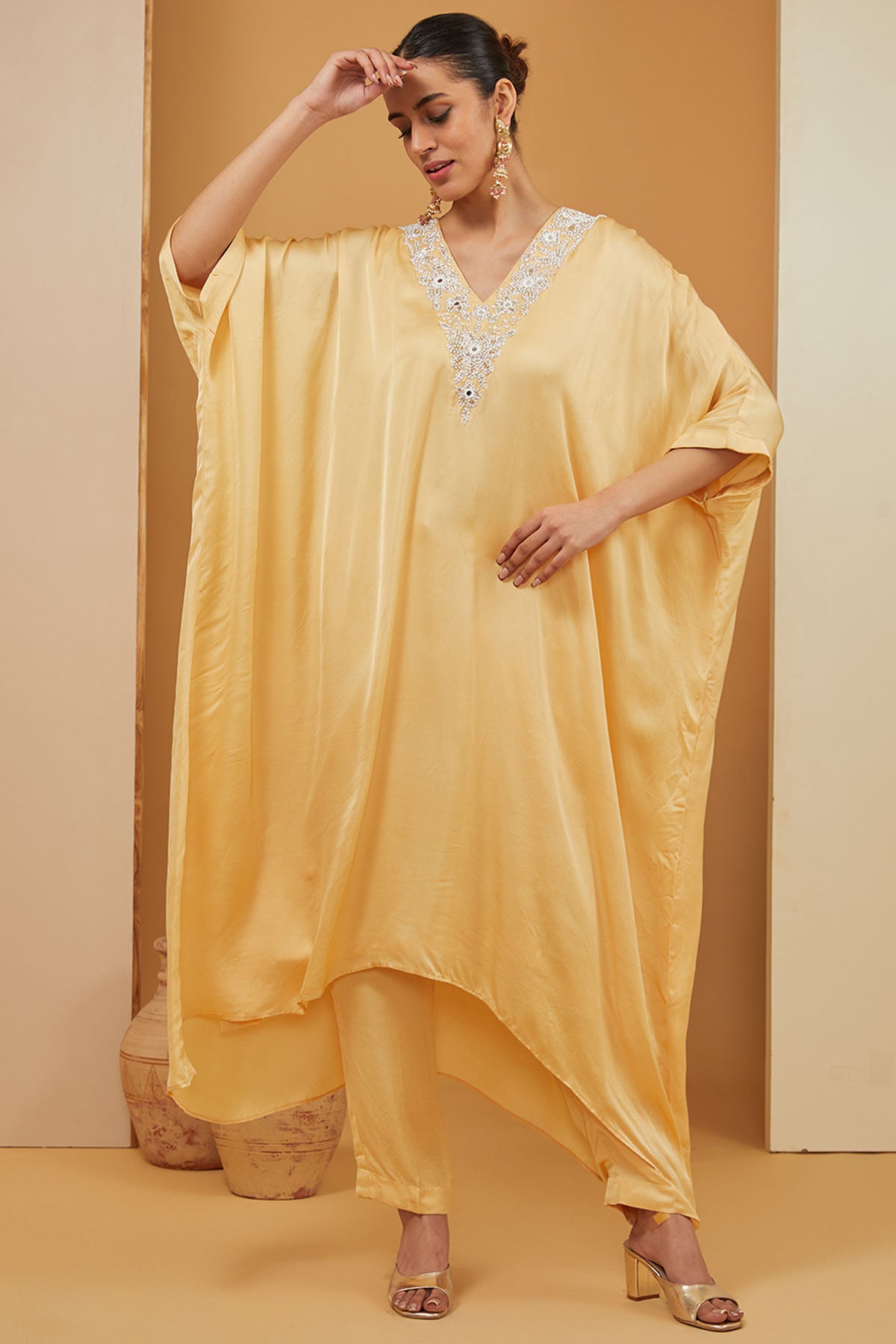 Designer Neha Khullar Embroidered Yellow Kaftan Set for Women Online