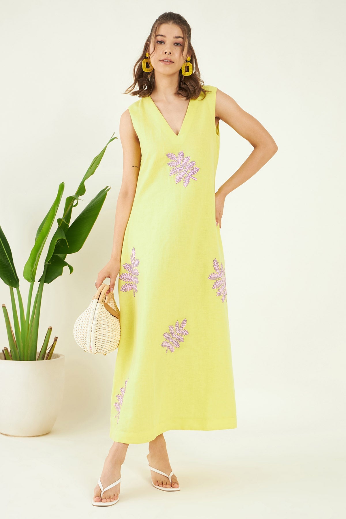Buy Embroidered Yellow Linen Dress Online