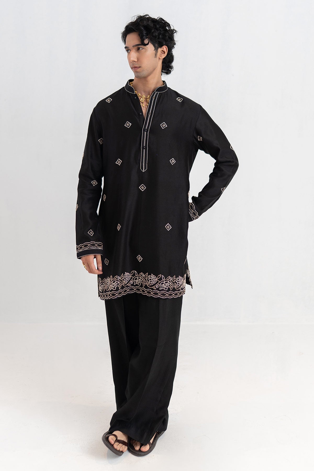 Buy Embroidery Black Kurta And Pant for men by Ajiesh Oberoi online available at scrollnshops