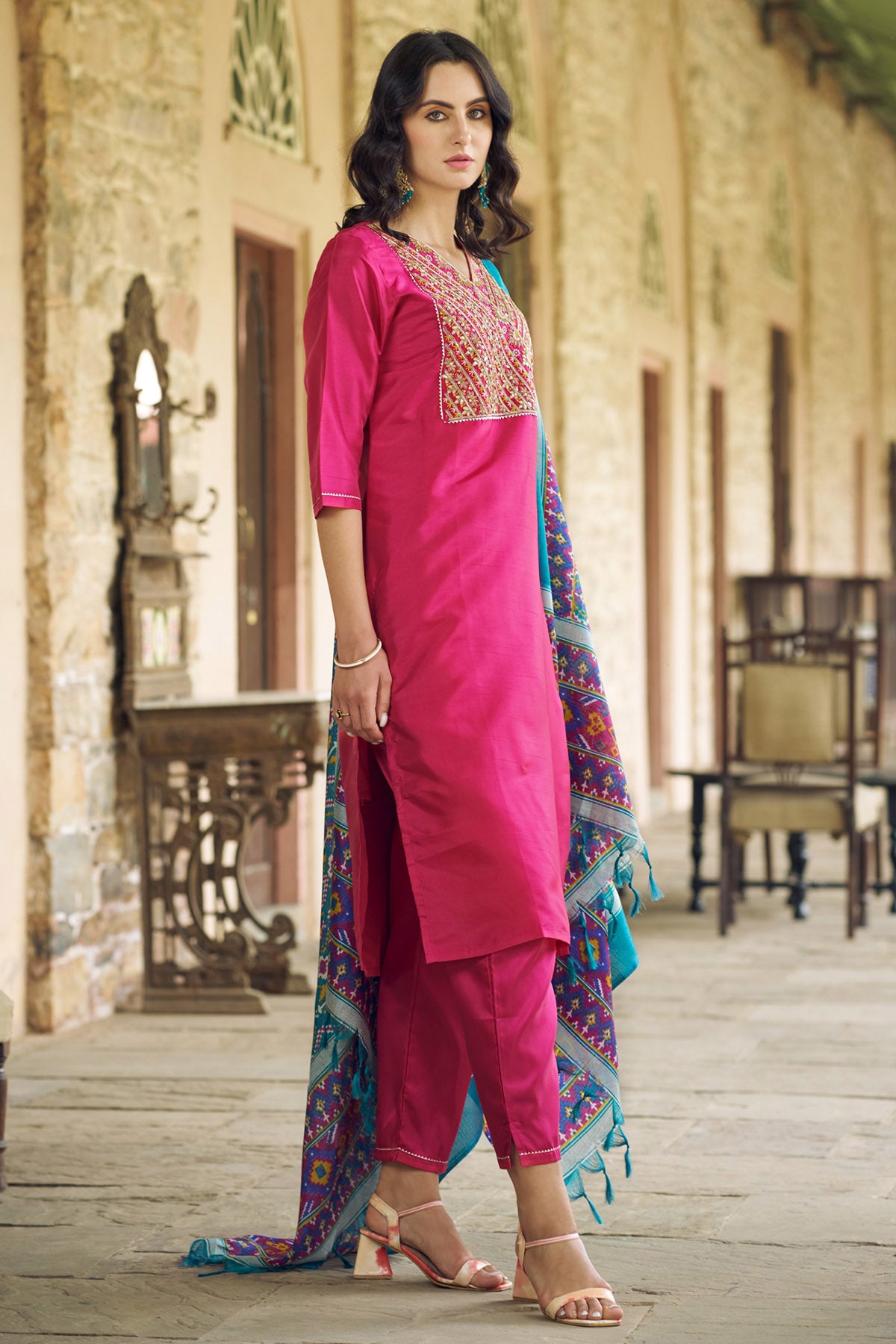 Embroidery Pink Silk Kurta Set