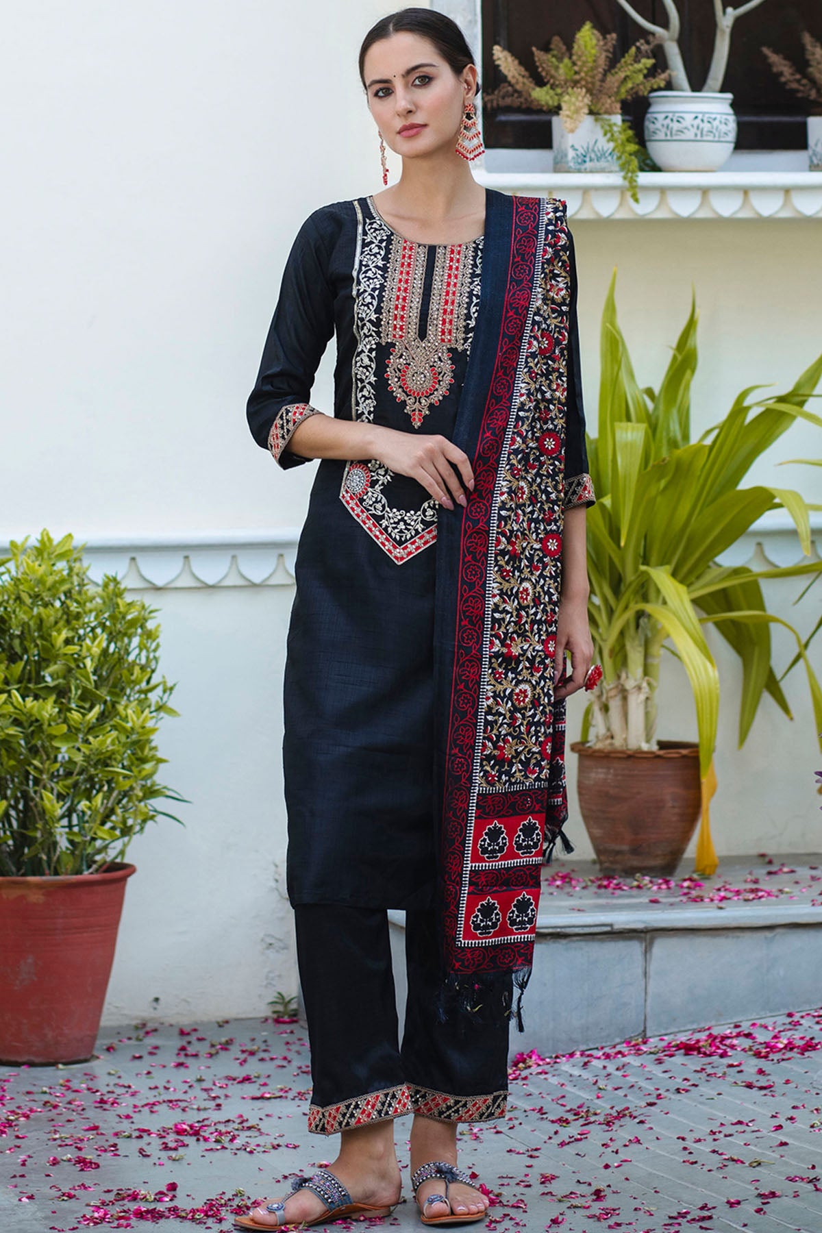 Embroidery Silk Black Kurta Set