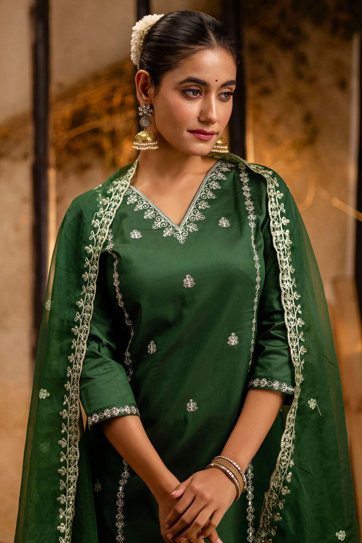 Embroidery Silk Green Kurta Set