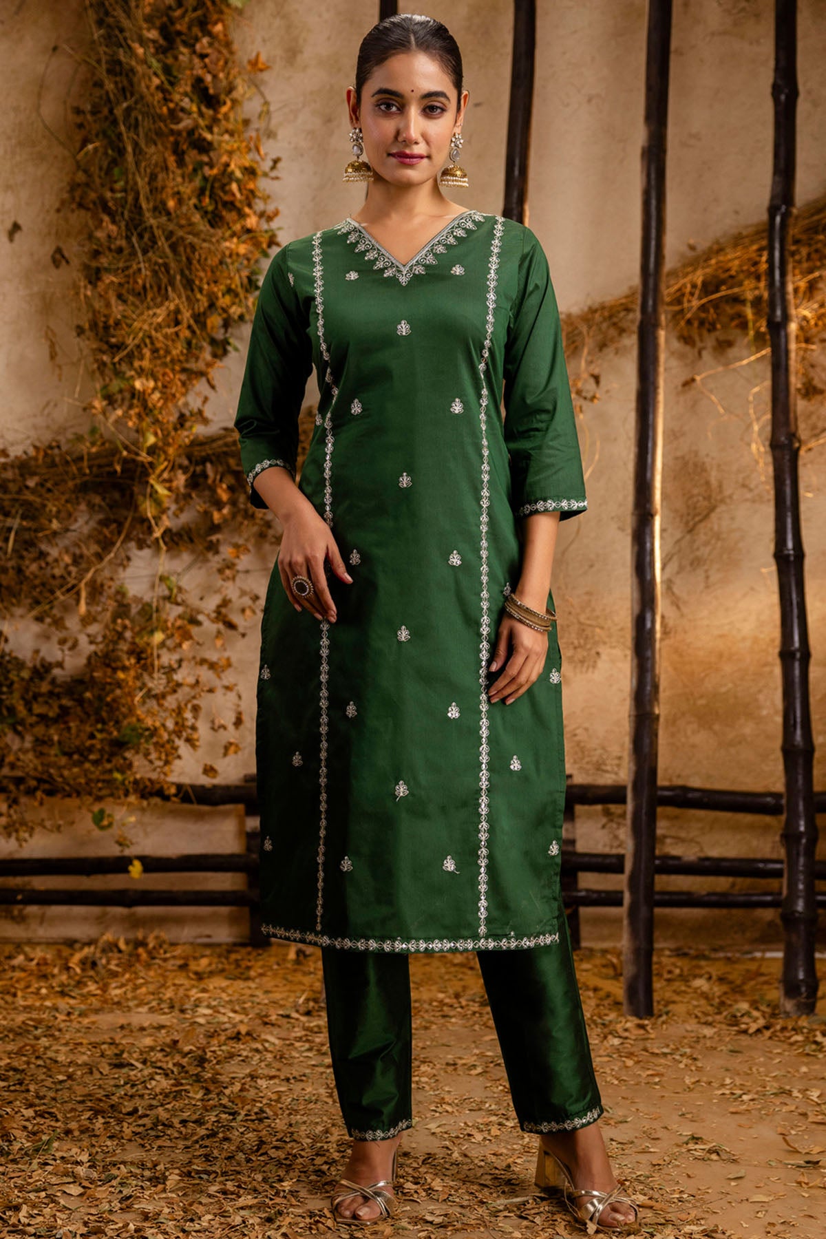 Embroidery Silk Green Kurta Set