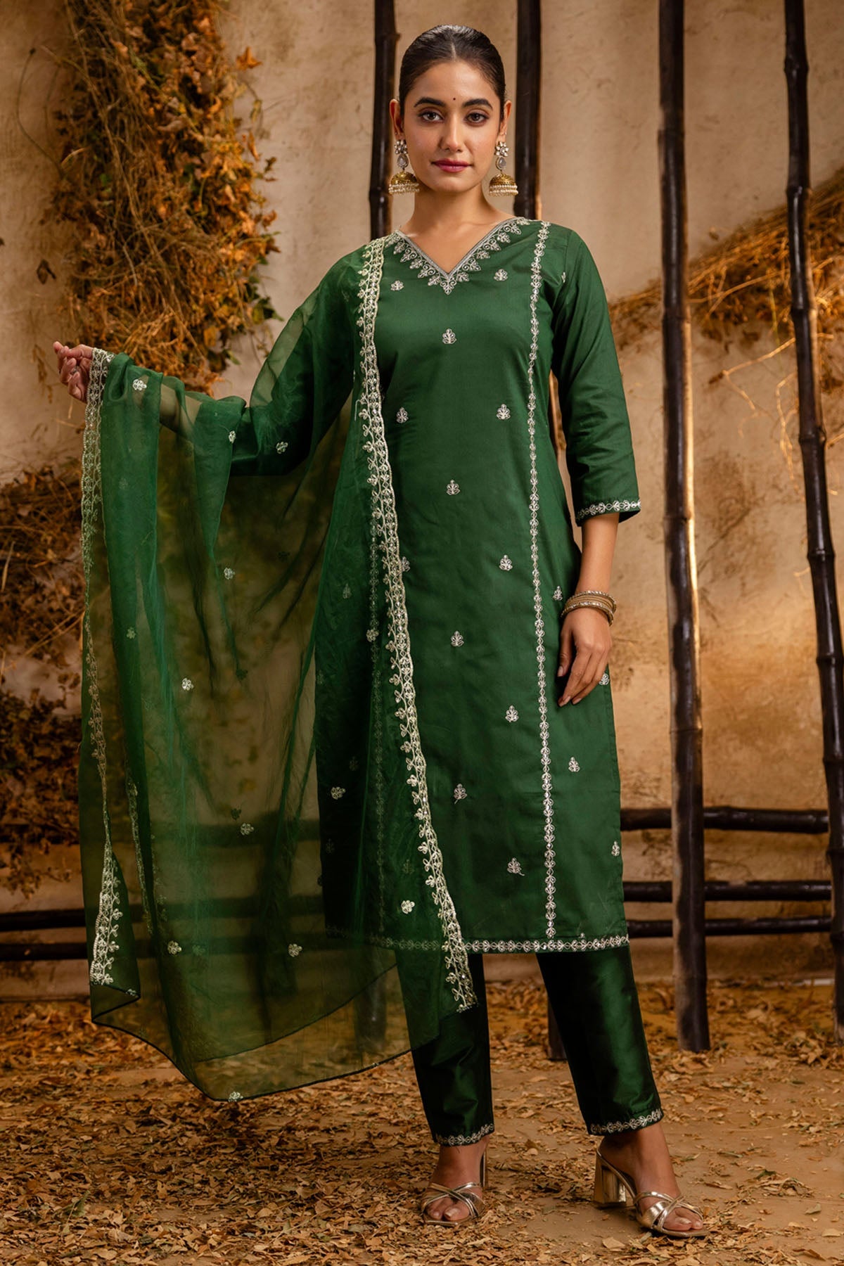Buy Embroidery Silk Green Kurta Set for women by Aastha Fashion online available at scrollnshops