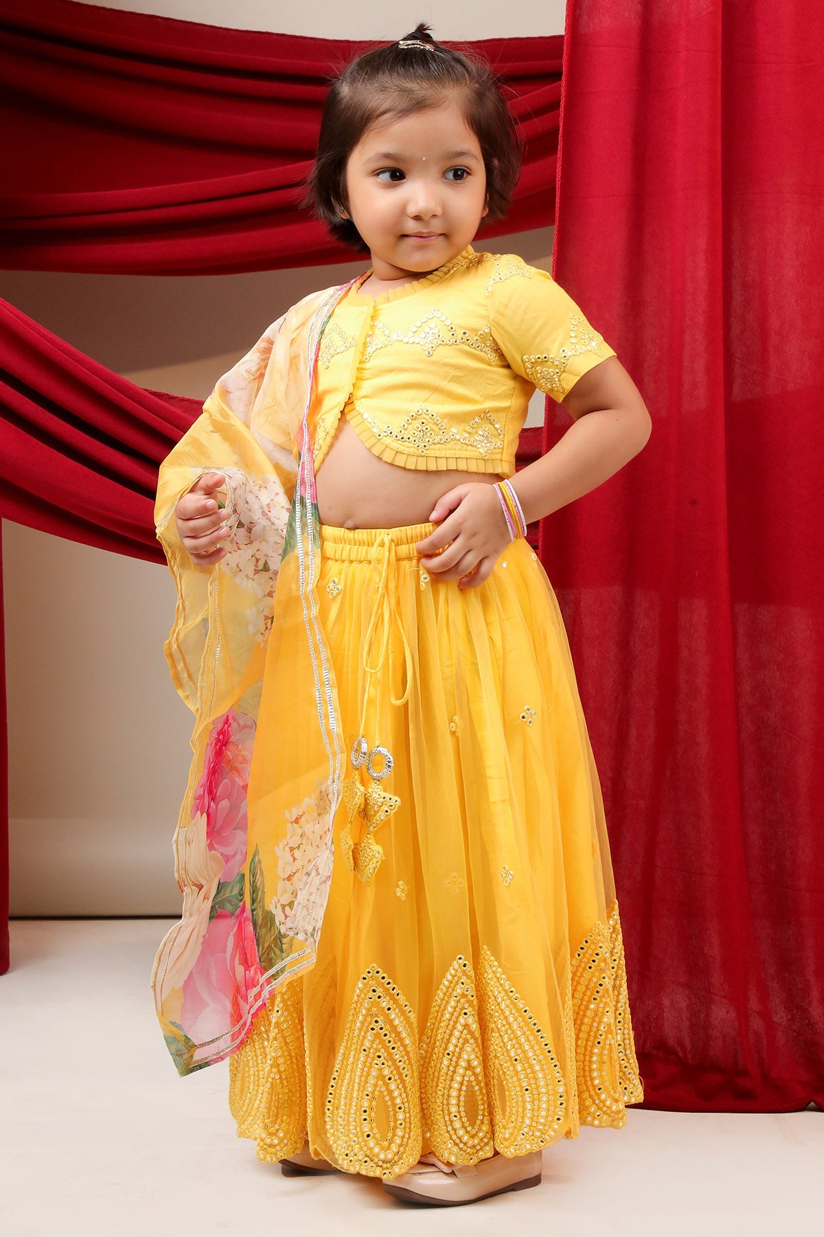 Buy Embroidery Yellow Lehenga Set for girl by Little Brats online available at scrollnshops