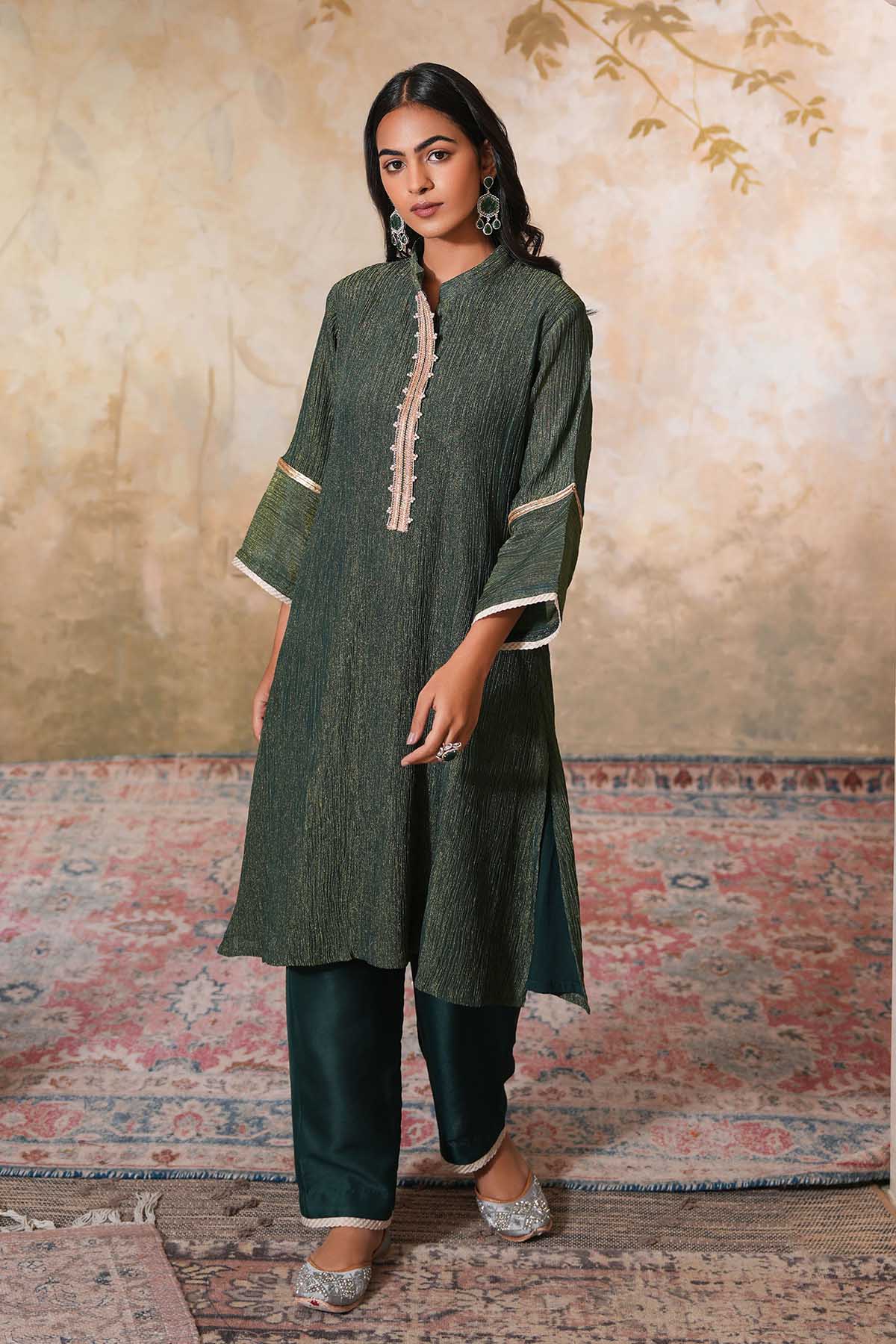 Buy Emerald Green A-Line Kurta Set by Ugna by Unnati for women online at ScrollnShops