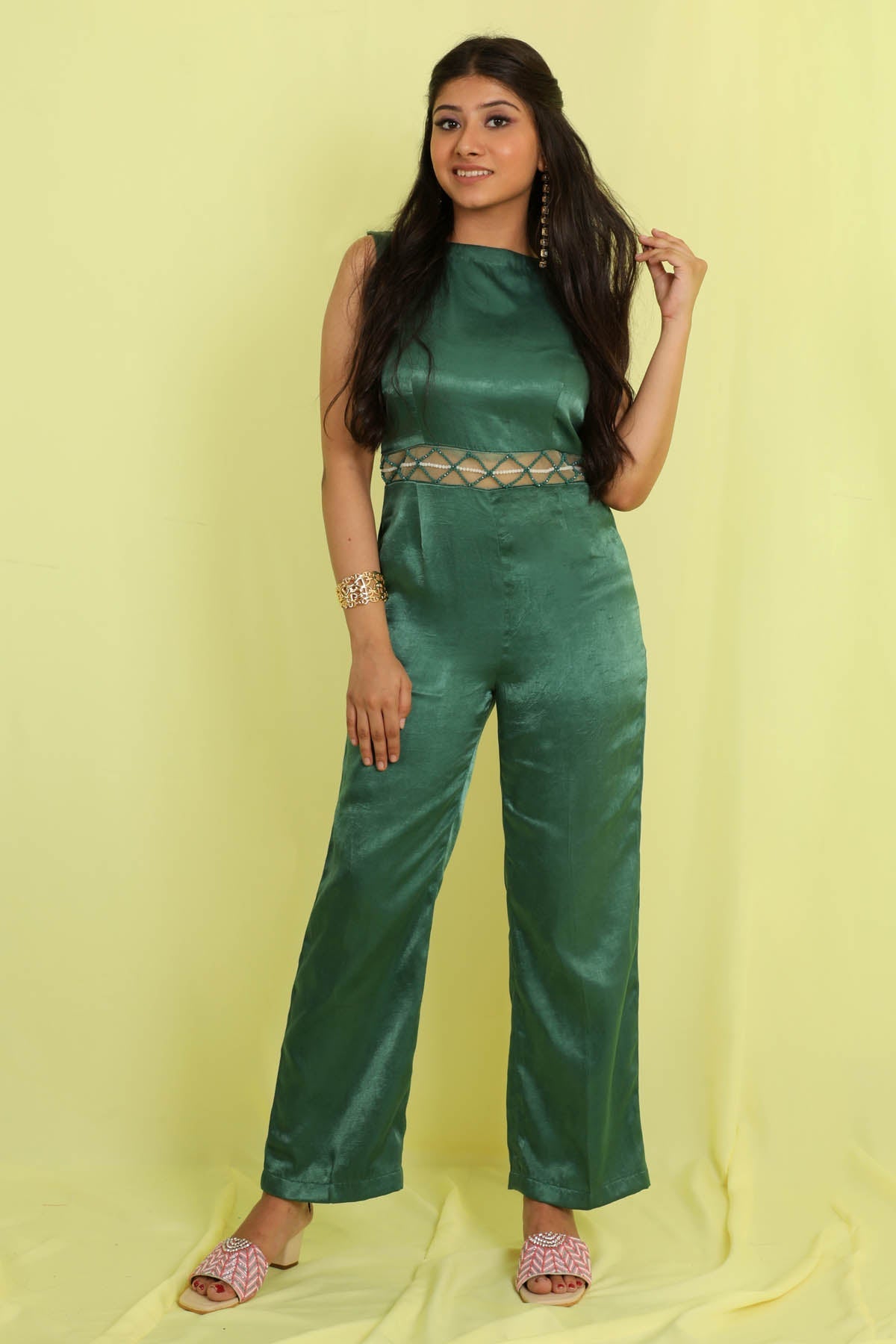 Deeya The Fashion House Emerald Green Boat Neck Jumpsuit for women online at ScrollnShops