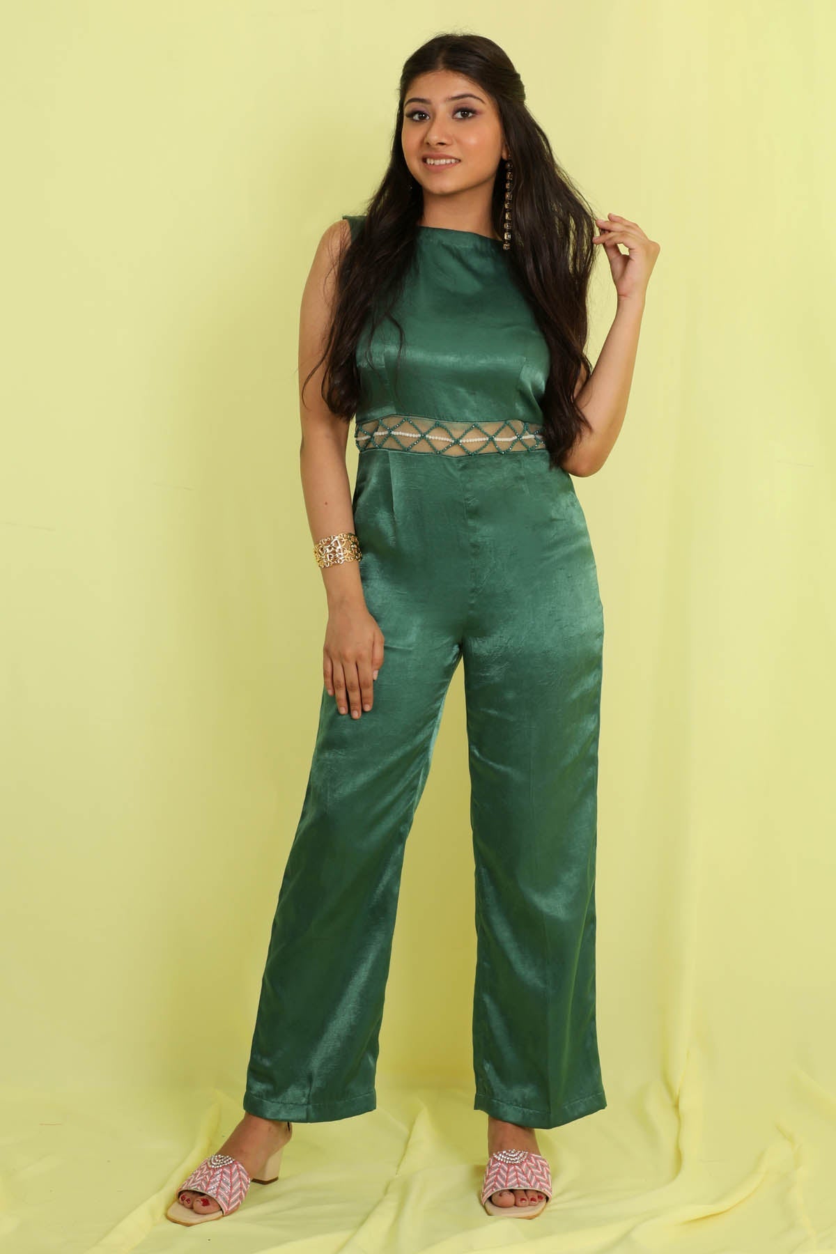 Deeya The Fashion House Emerald Green Boat Neck Jumpsuit for women online at ScrollnShops