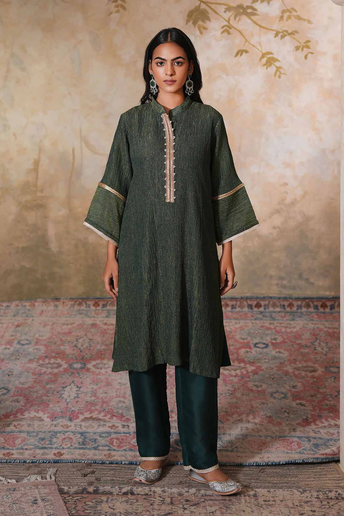 Buy Emerald Green Gota A-Line Kurta by Ugna by Unnati for women online at ScrollnShops