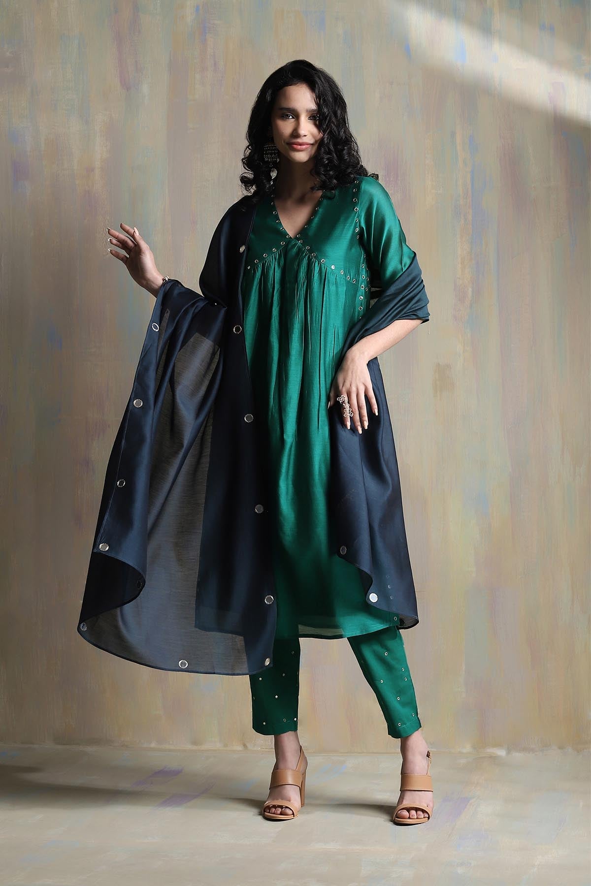 Buy Emerald Green Mirror Kurta Set by Charkhee for women online at ScrollnShops