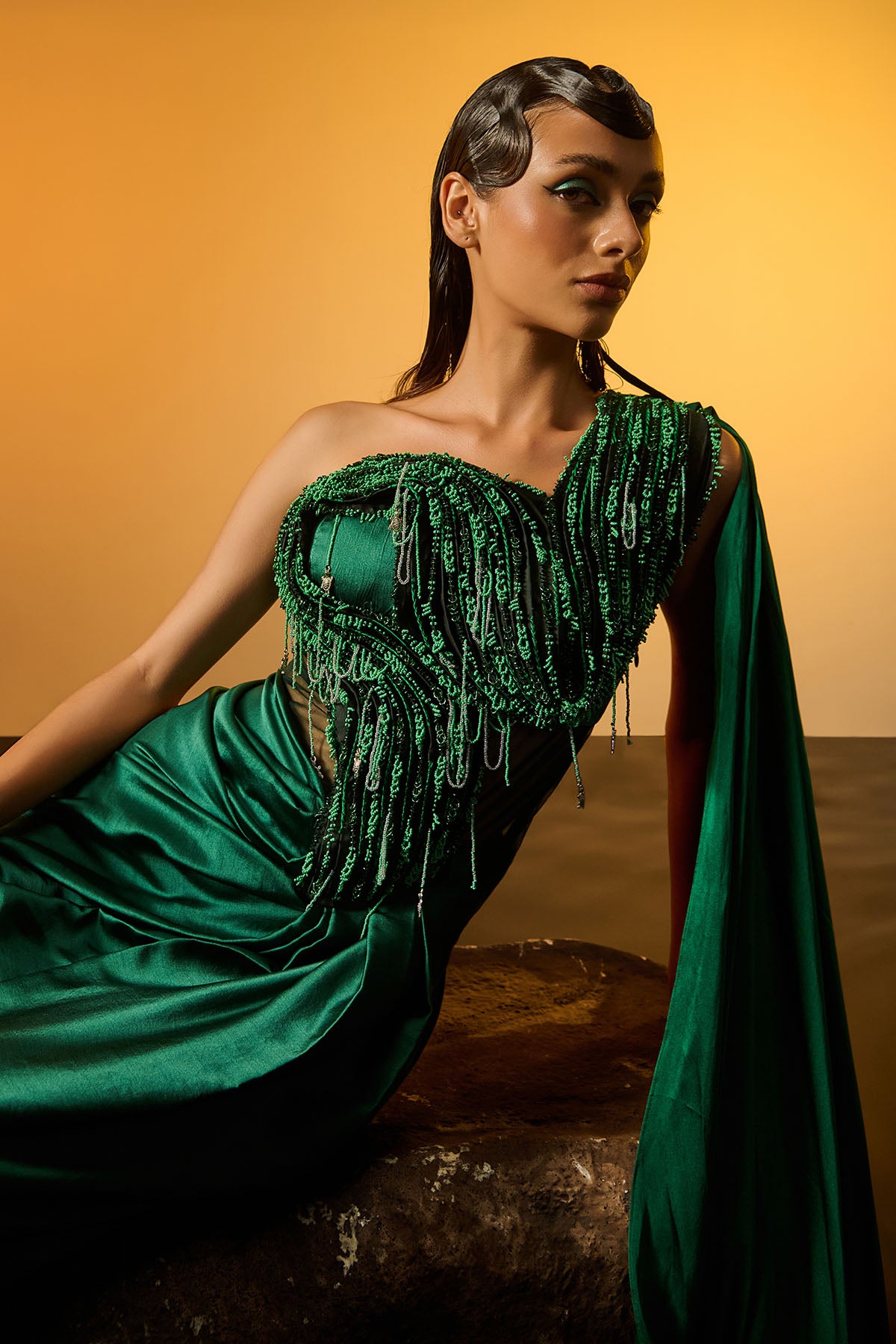 Emerald Thread Work Saree Gown