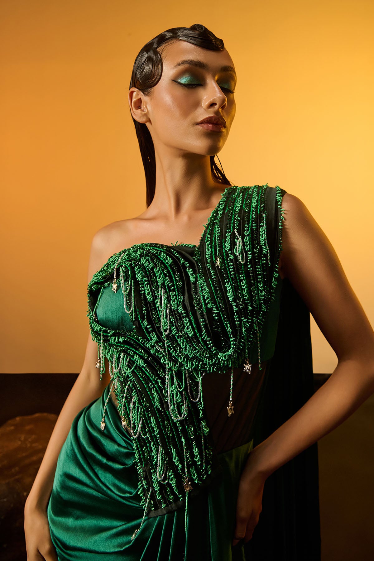 Emerald Thread Work Saree Gown