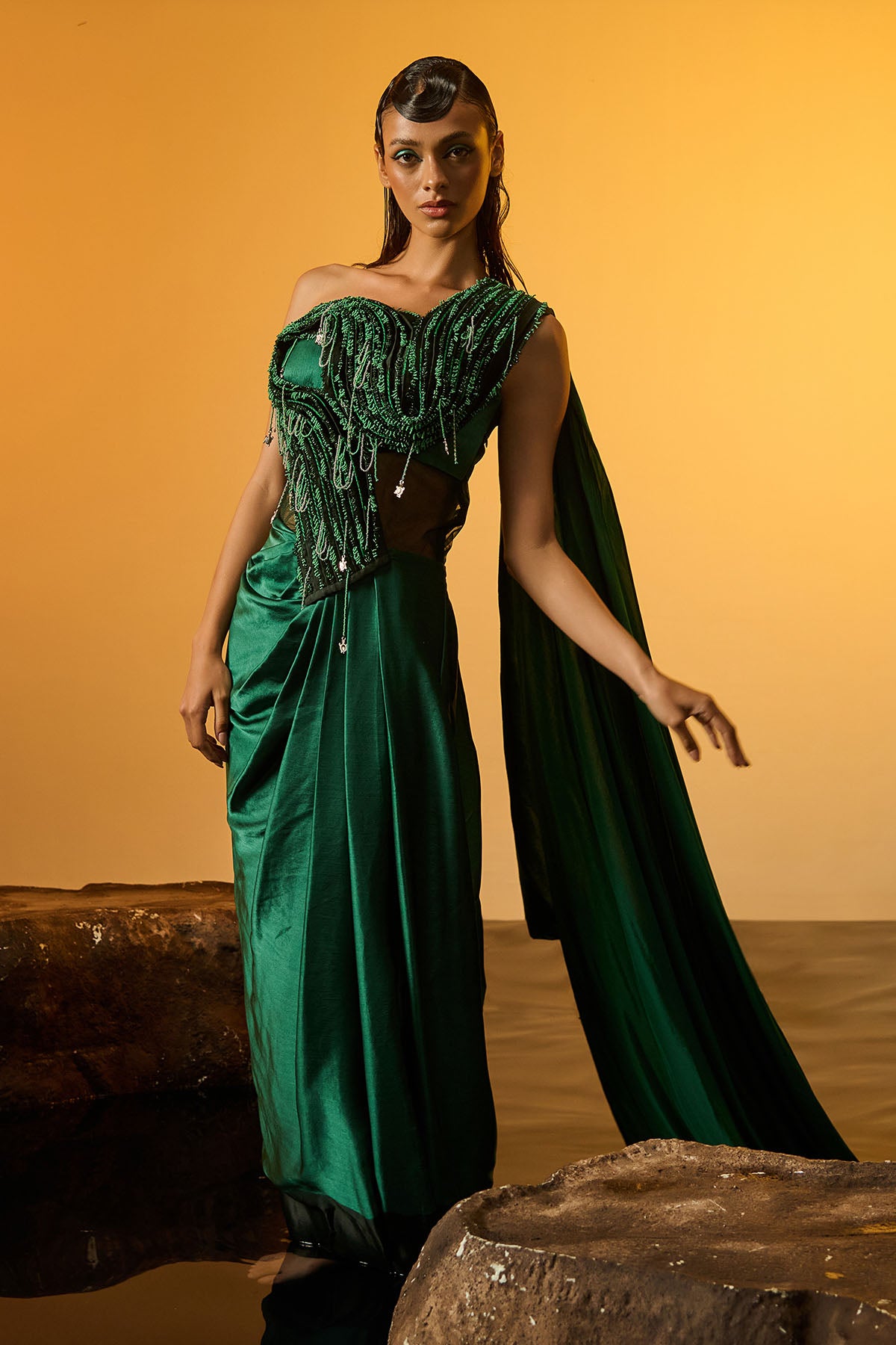 Emerald Thread Work Saree Gown
