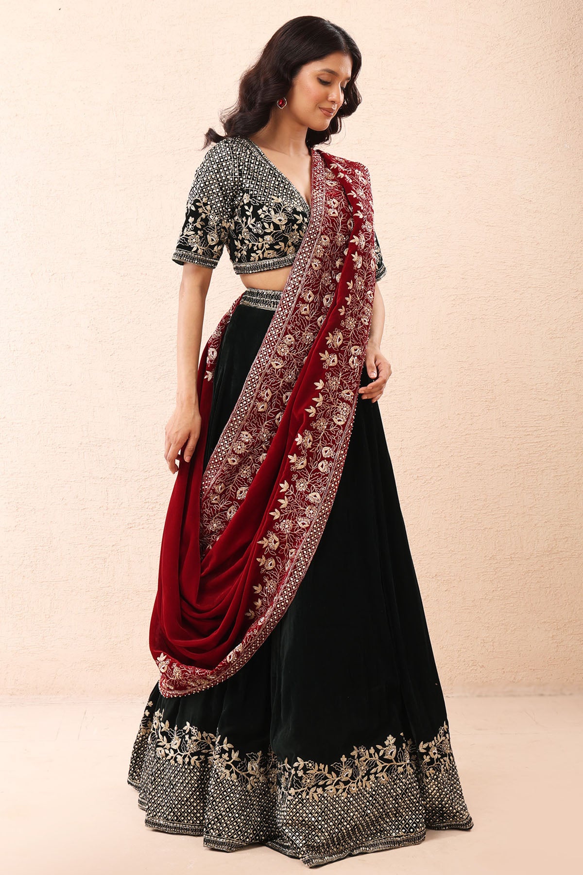 Emerald Velvet Aari Lehenga Set