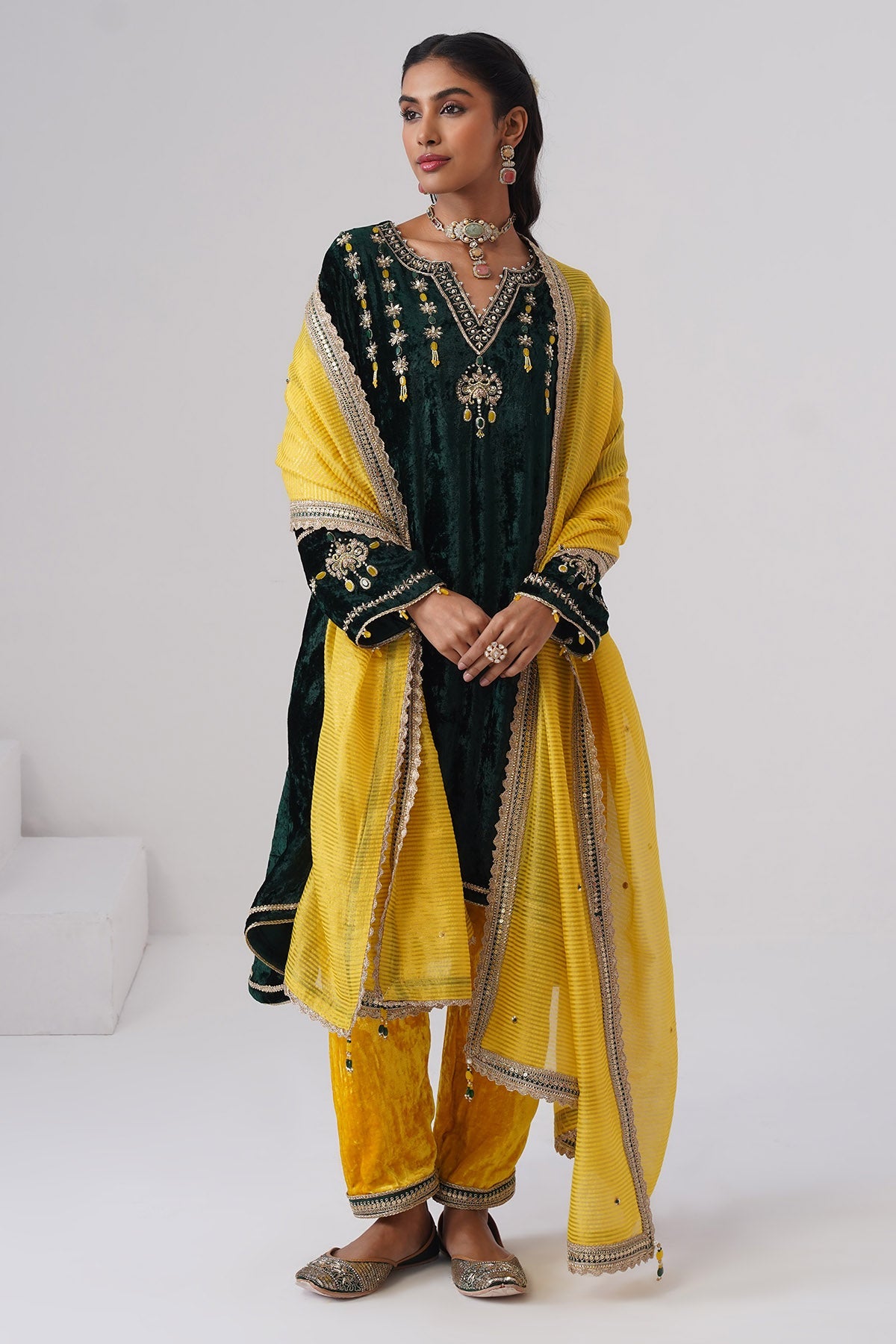 Buy Emerald Yellow Velvet Kurta Set for women by Ugna by Unnati online available at scrollnshops