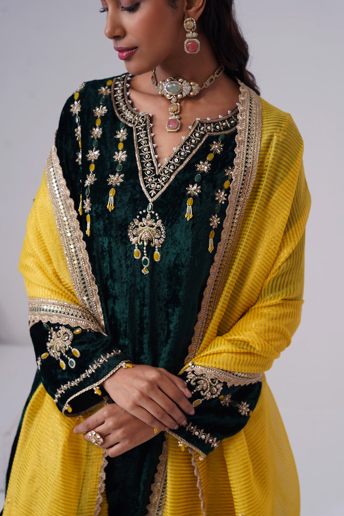 Emerald Yellow Velvet Kurta Set
