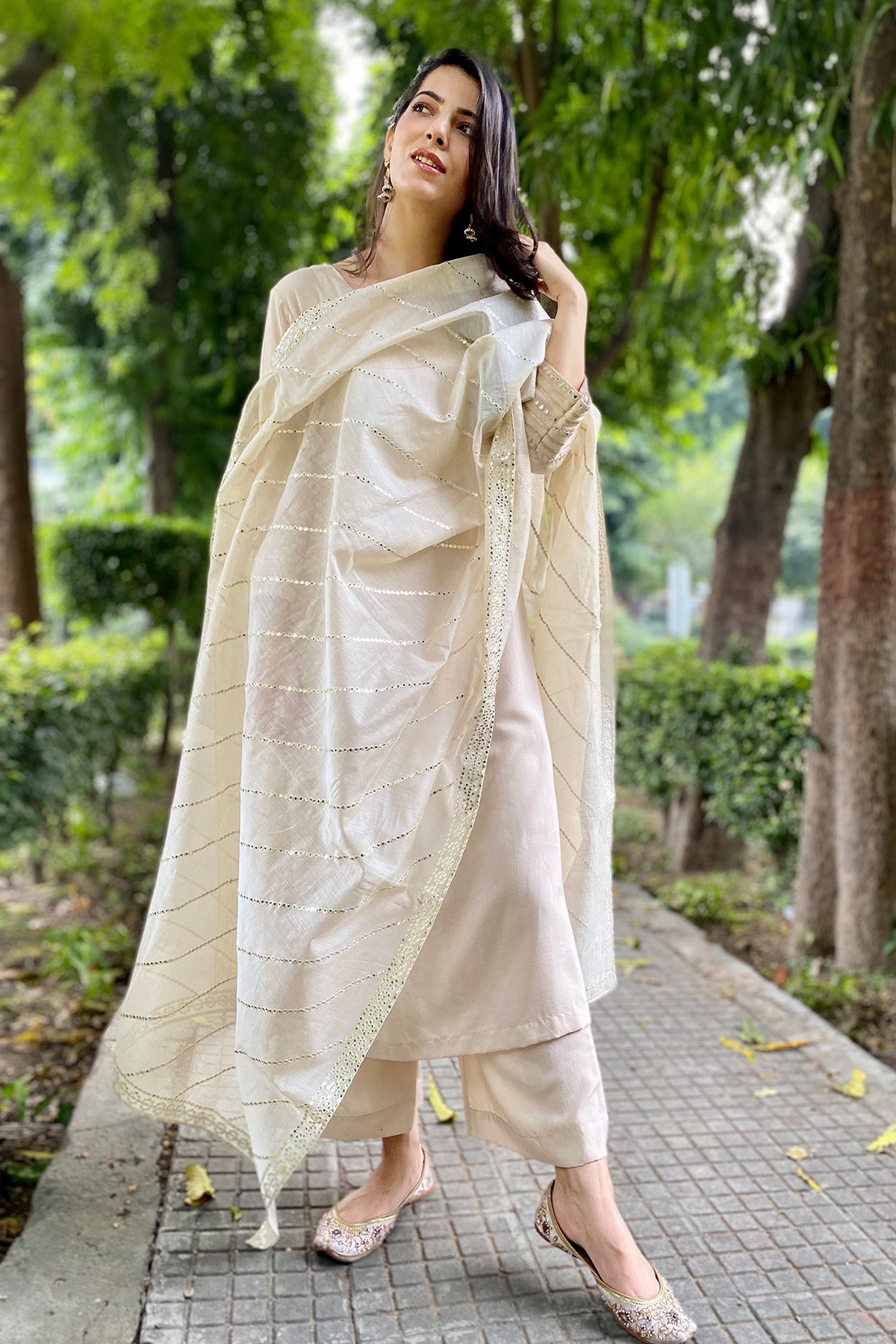 Fawn Mirror Work Kurta Set