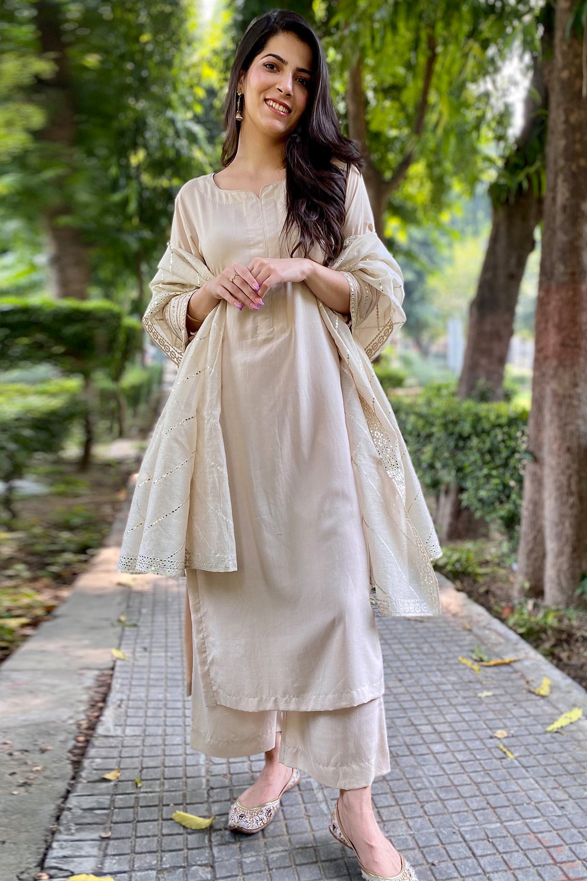 Fawn Mirror Work Kurta Set