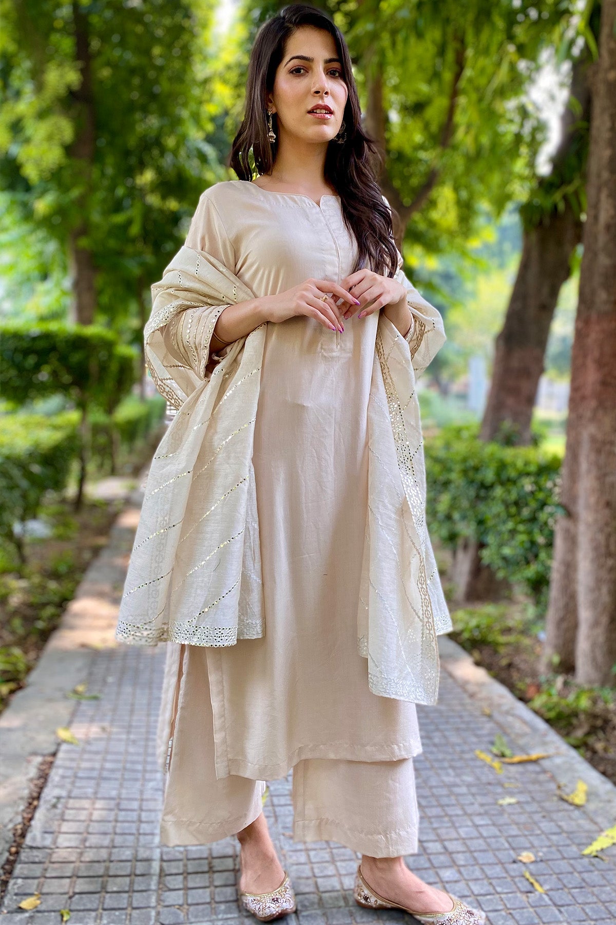 Buy Fawn Mirror Work Kurta Set by The Hemming Bird for women online at ScrollnShops