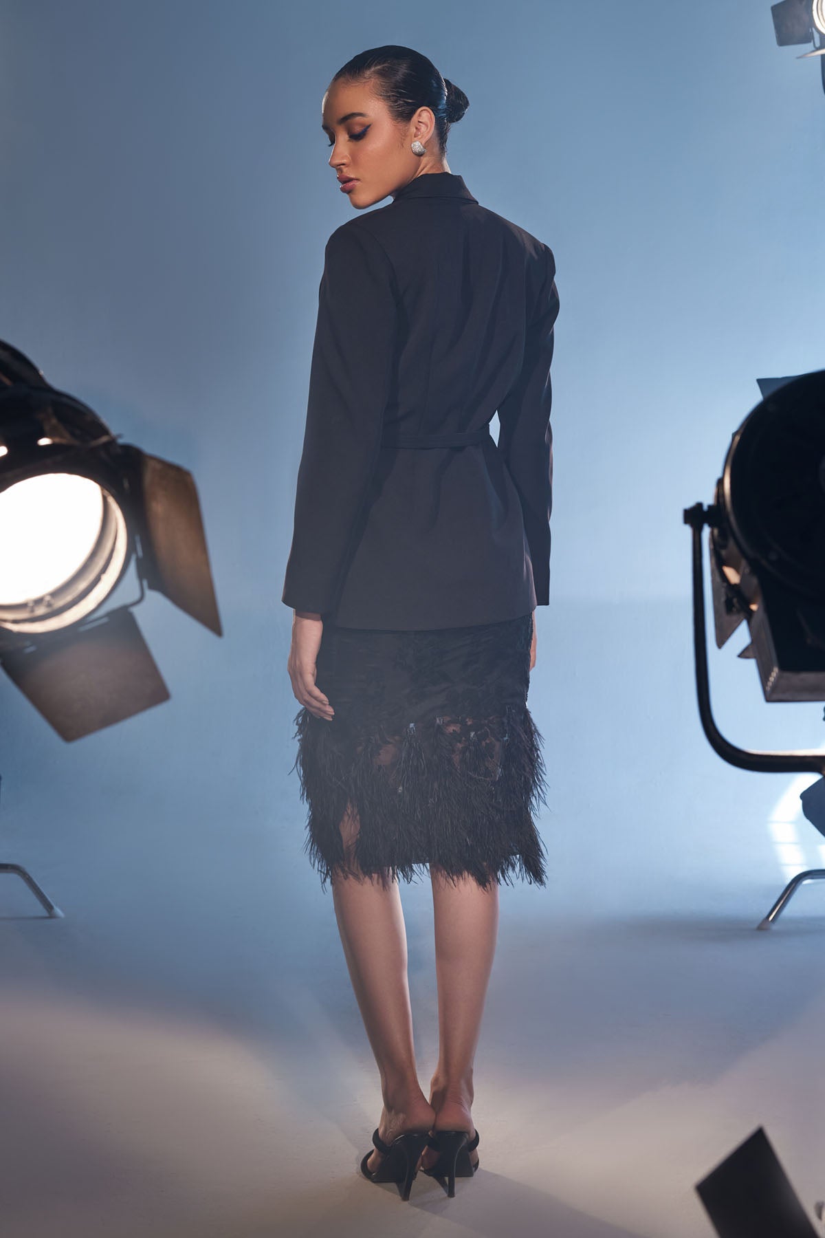 Feather Detail Skirt & Blazer Set