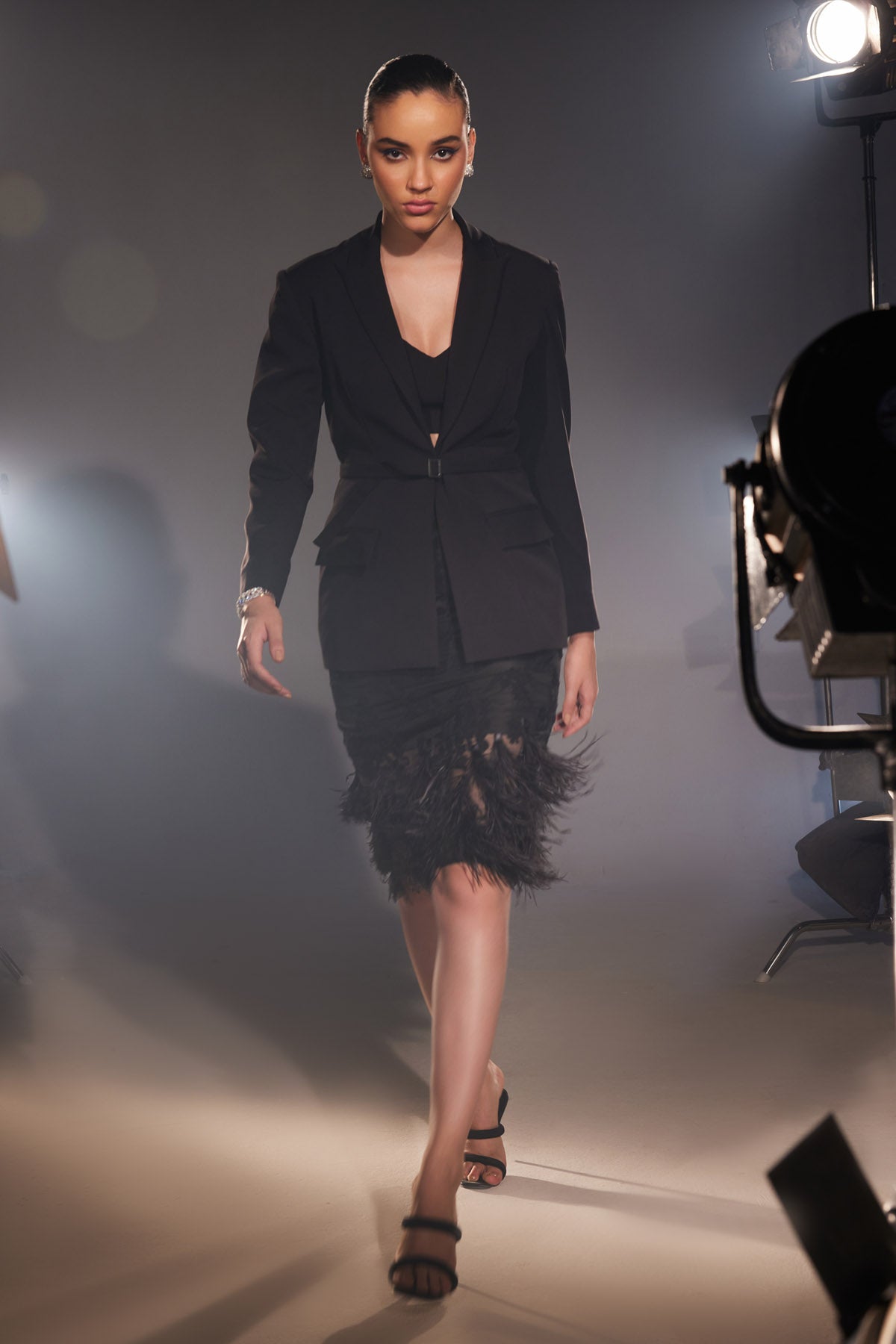 Feather Detail Skirt & Blazer Set