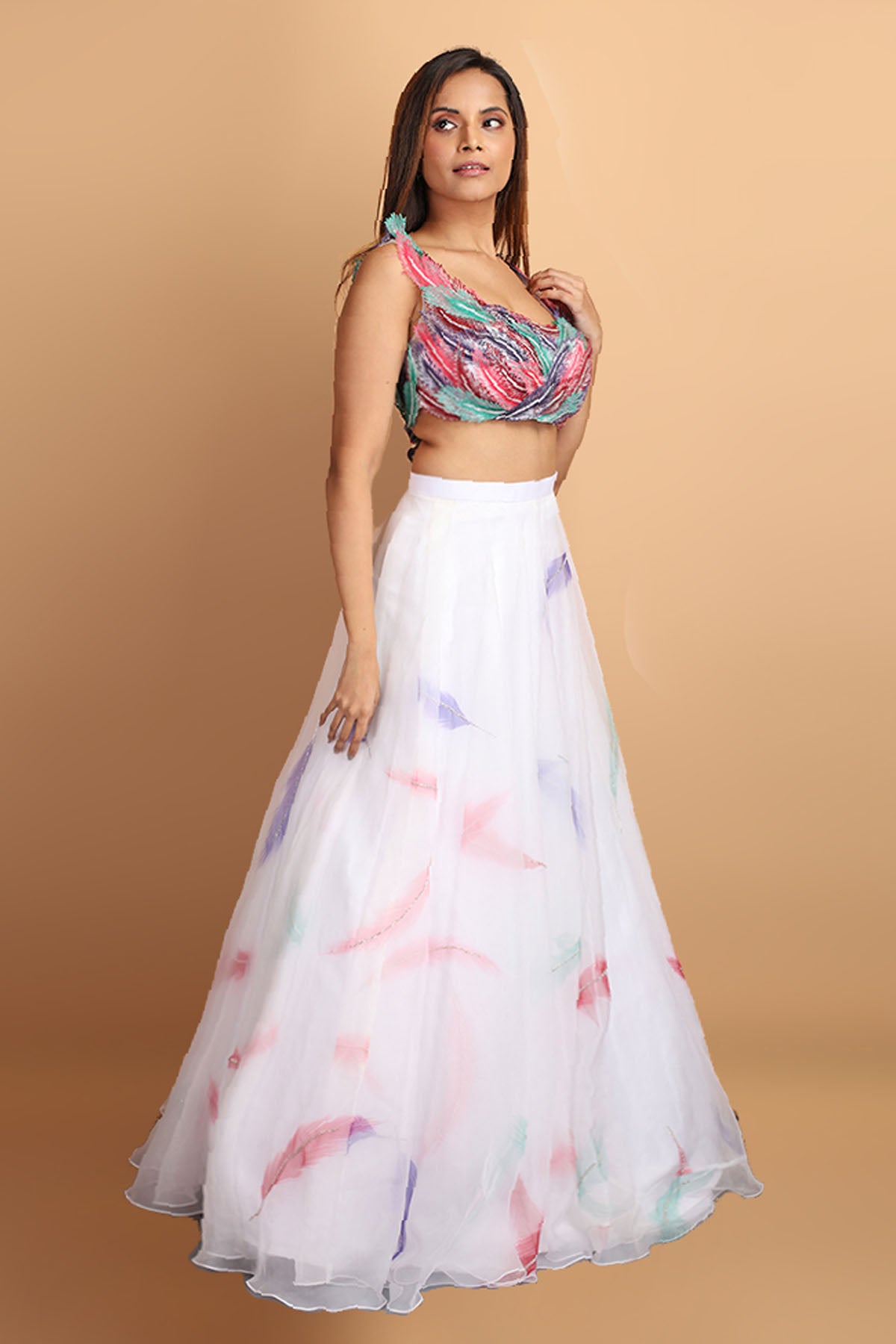 Feather Print Organza Lehenga Set
