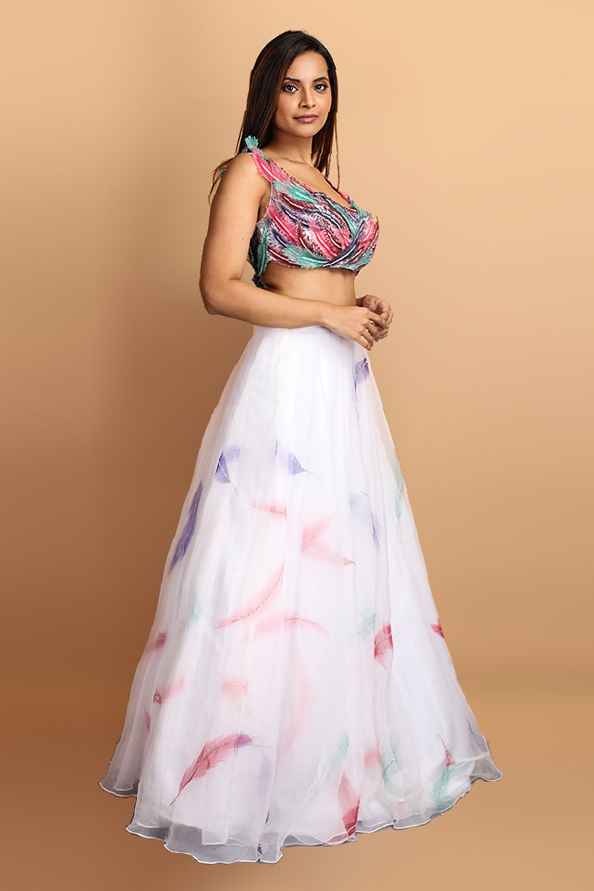 Feather Print Organza Lehenga Set