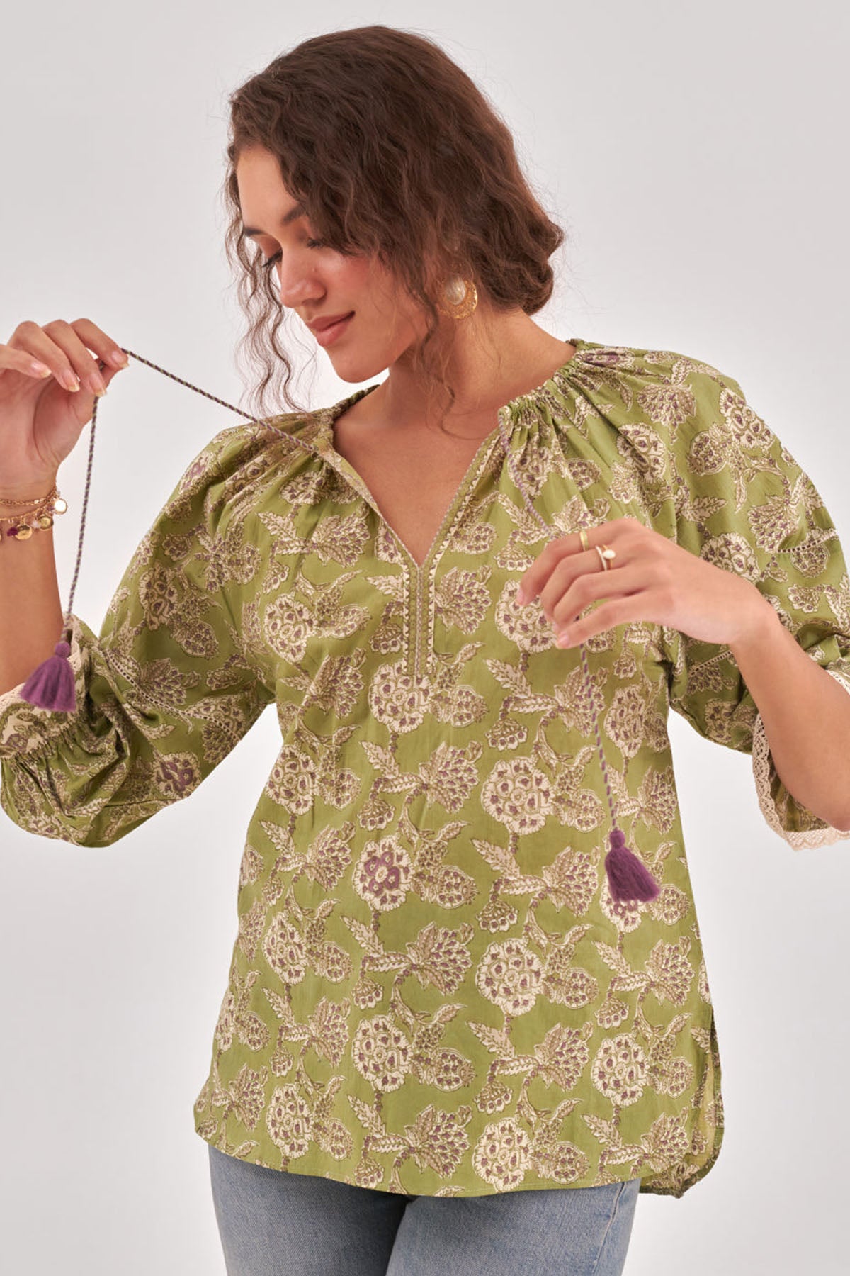 Fern Green Printed Tie Up Top