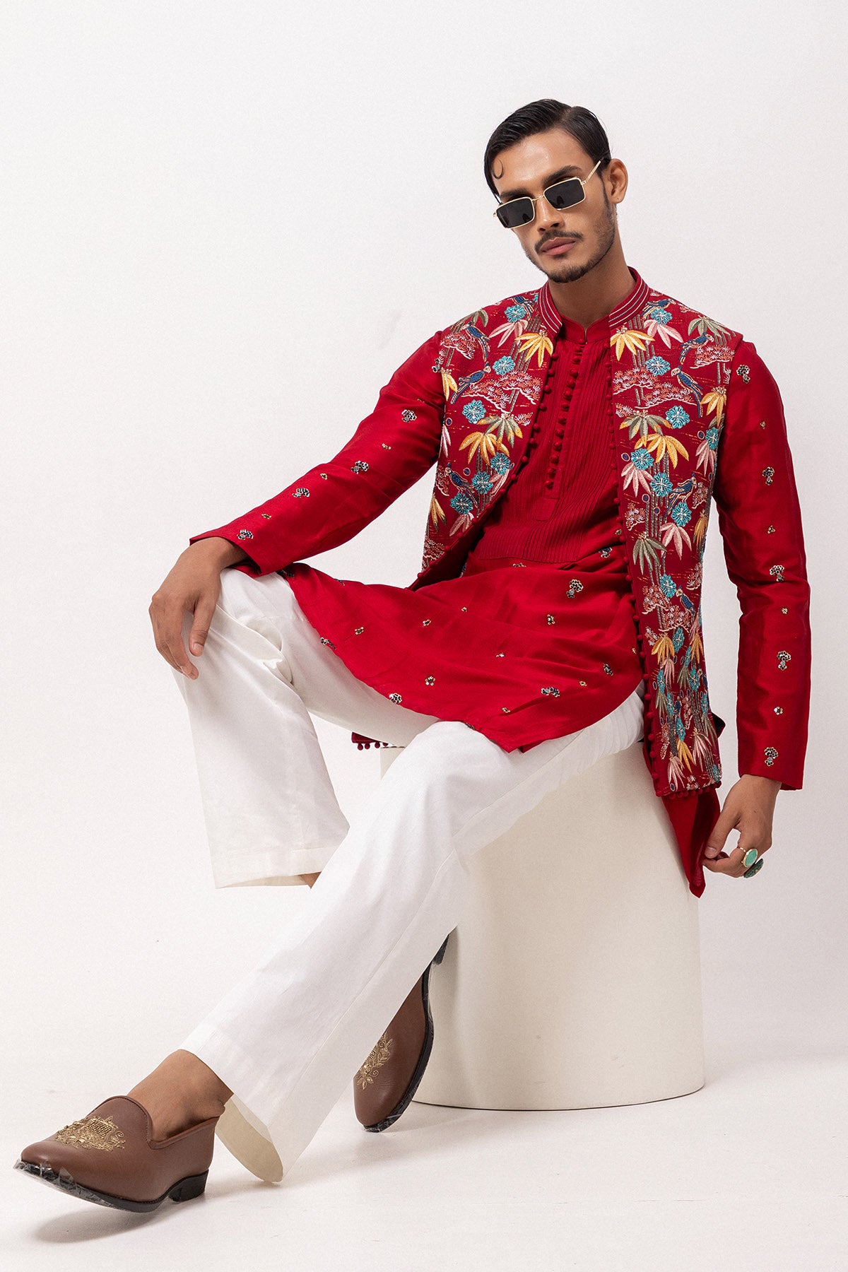 Fiery Red Thread Work Kurtas