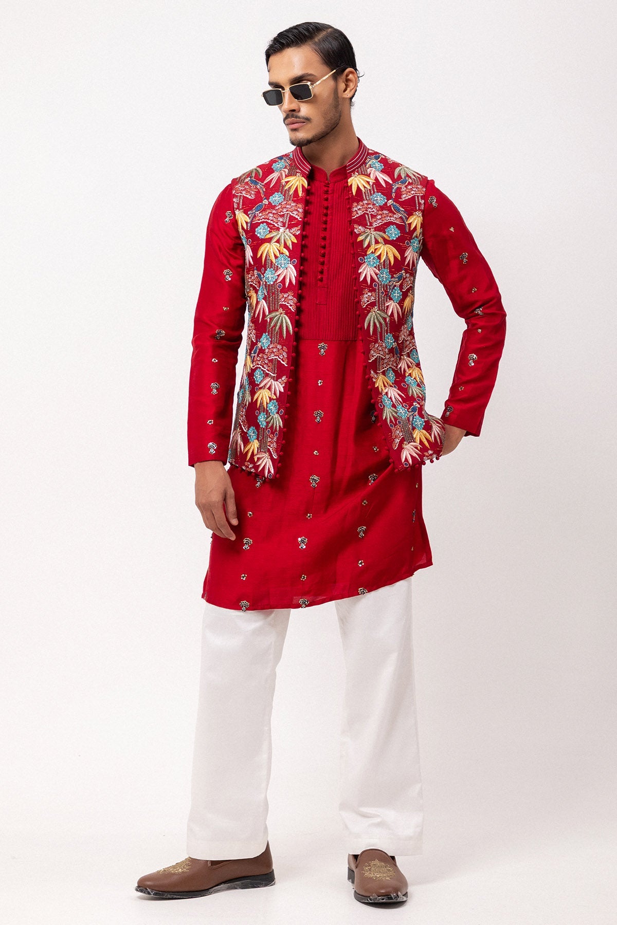 Buy Fiery Red Thread Work Kurtas for men by Paarsh Atelier online available at scrollnshops