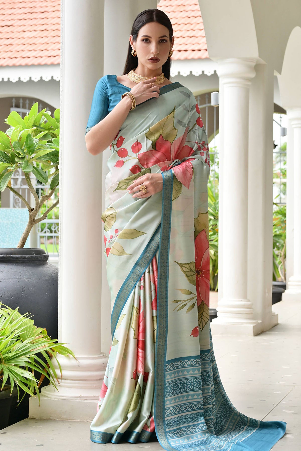 Firozi Floral Print Zari Saree