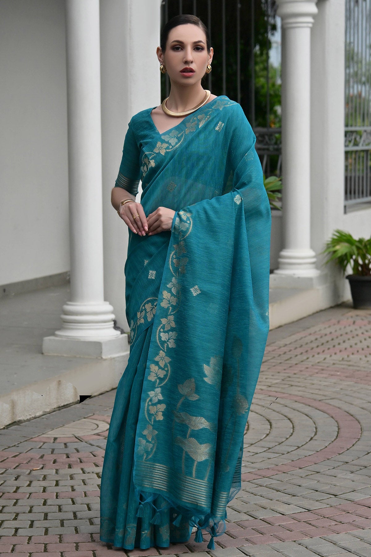 Buy Firozi Linen Silk Woven Saree for women by Lili Lala Designer online available at scrollnshops