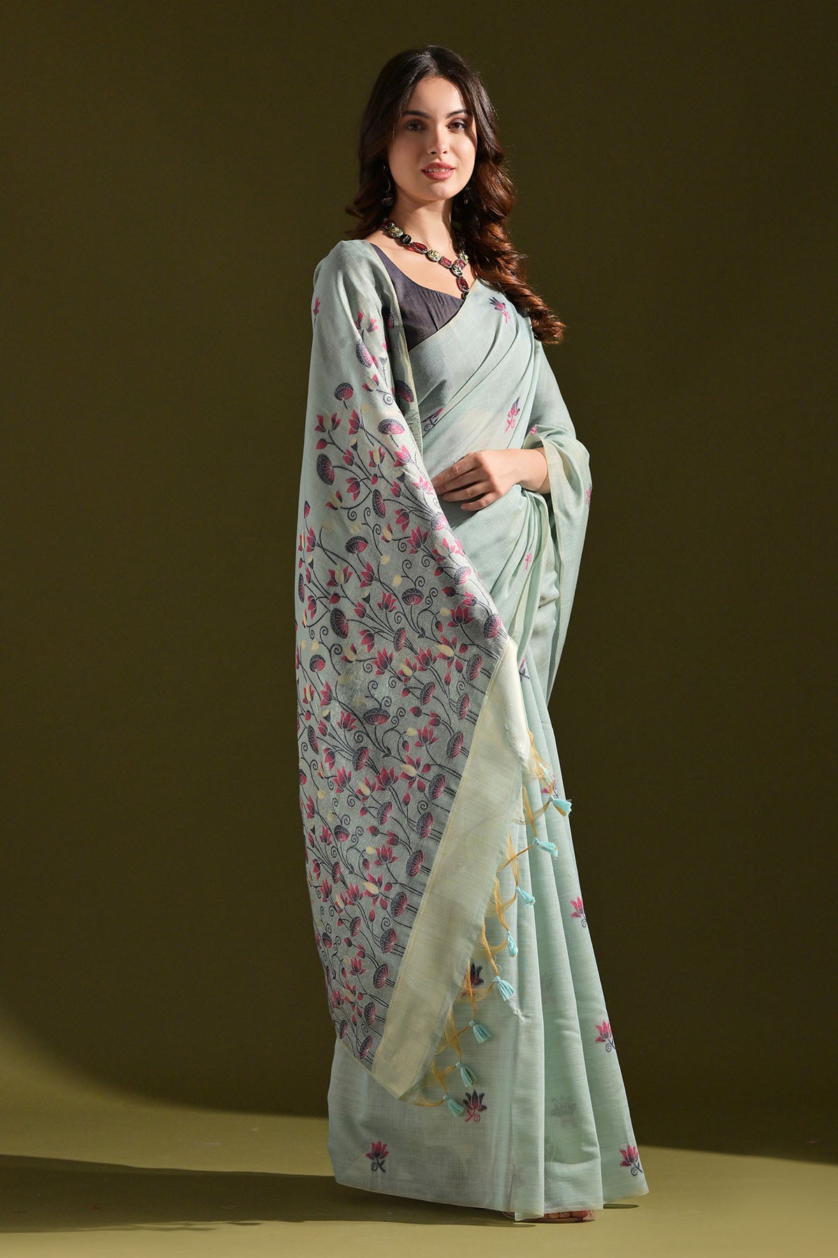 Firozi Lotus Thread Work Saree