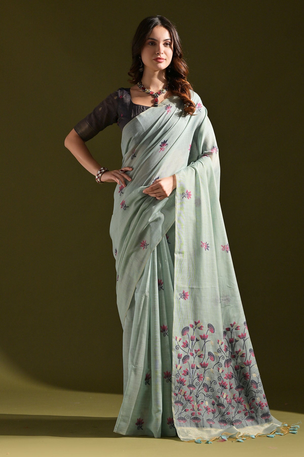 Buy Firozi Lotus Thread Work Saree by Lili Lala for women online at ScrollnShops