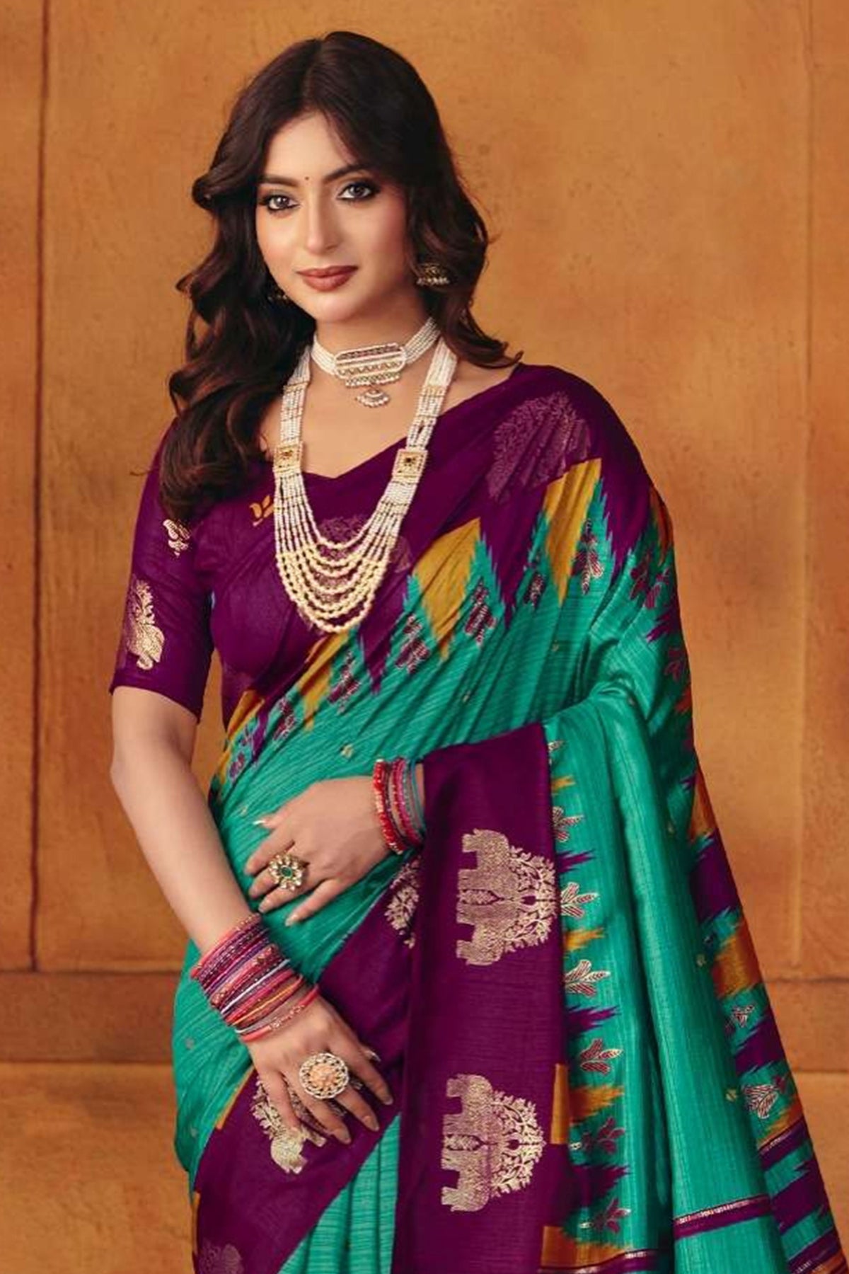 Firozi Manipuri Foil Work Saree