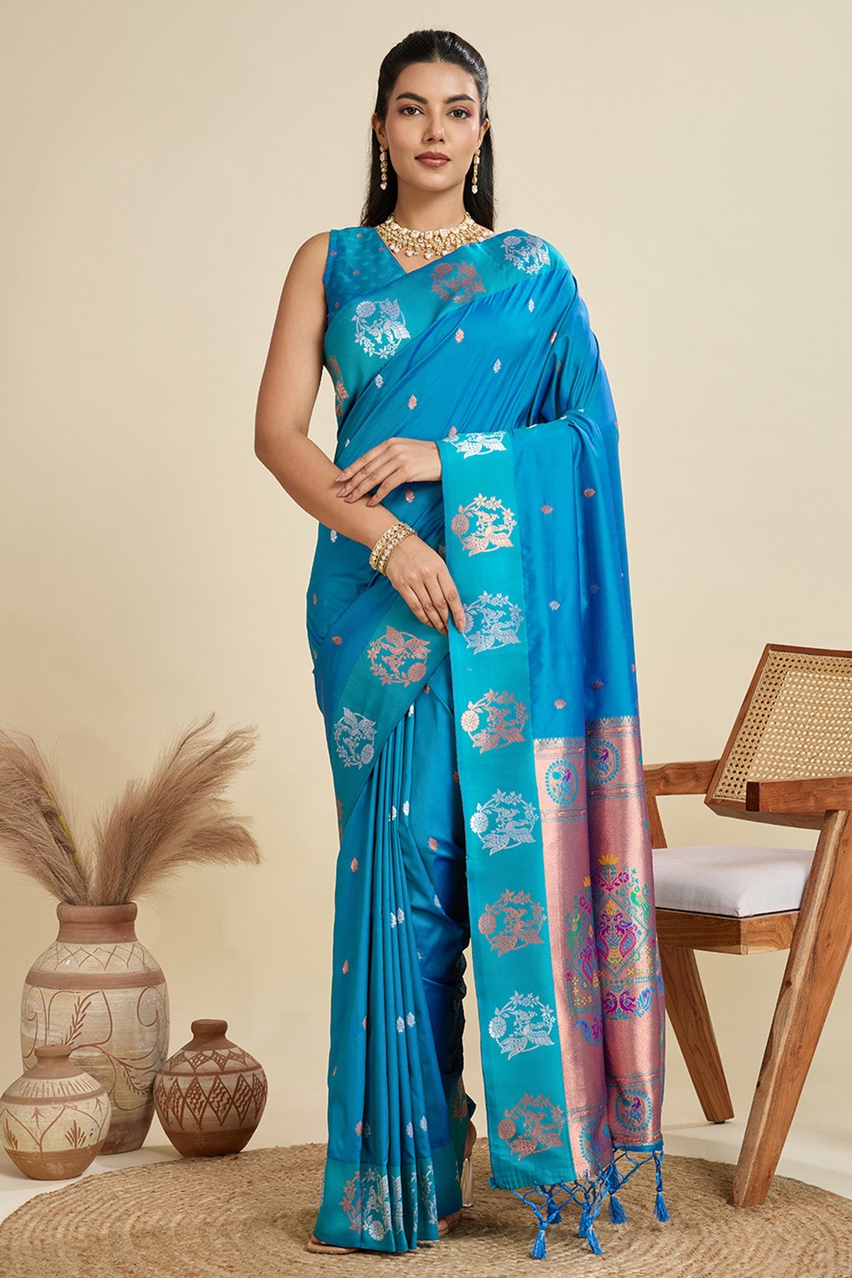 Buy Firozi Paithani Saree & Blouse for Women Online available at ScrollnShops