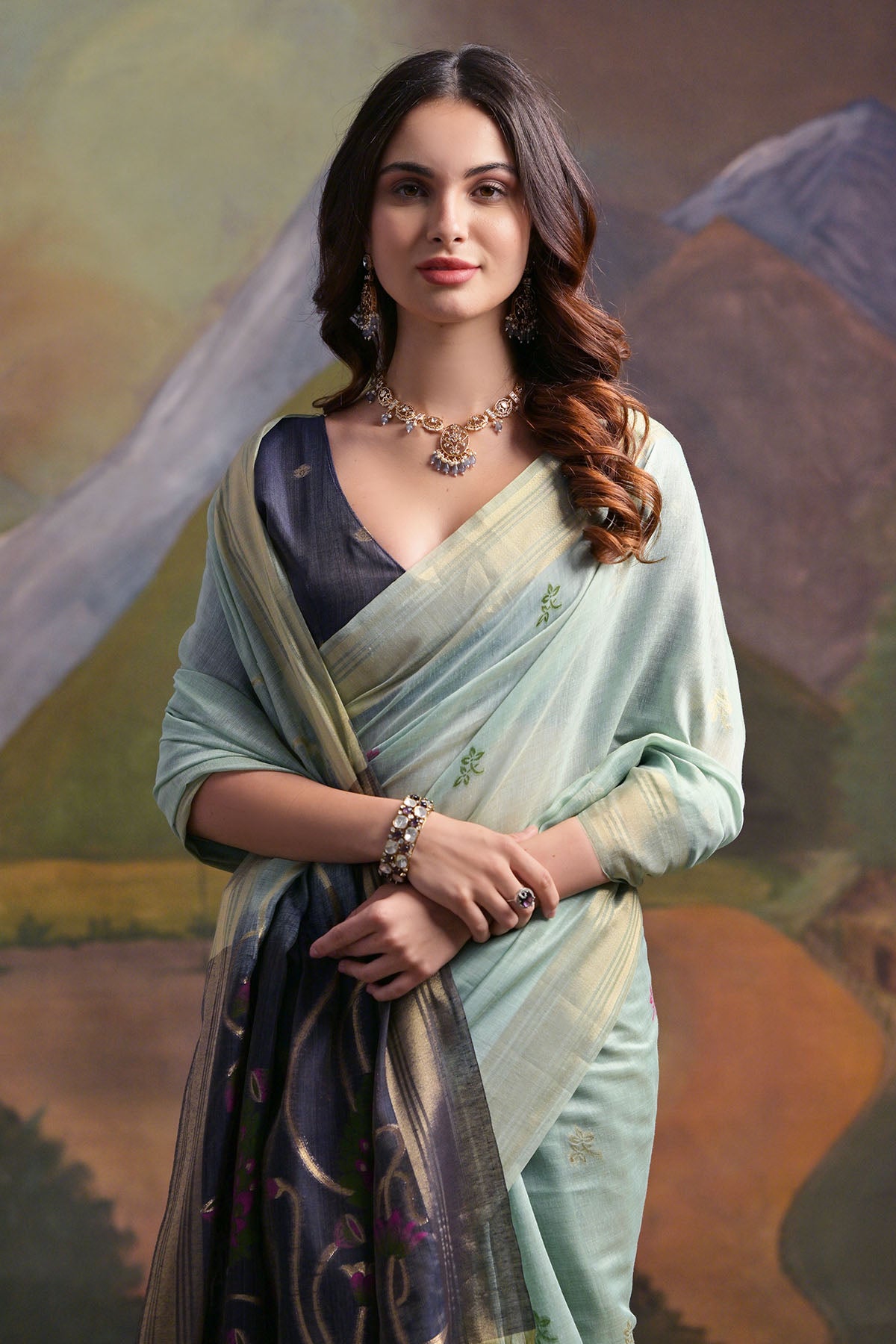 Firozi Peacock Thread Work Saree