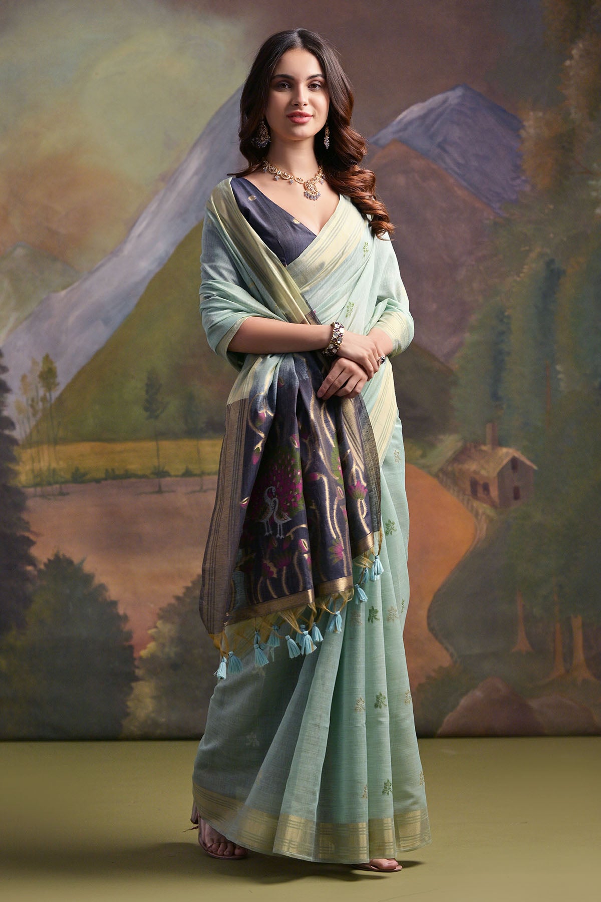 Firozi Peacock Thread Work Saree