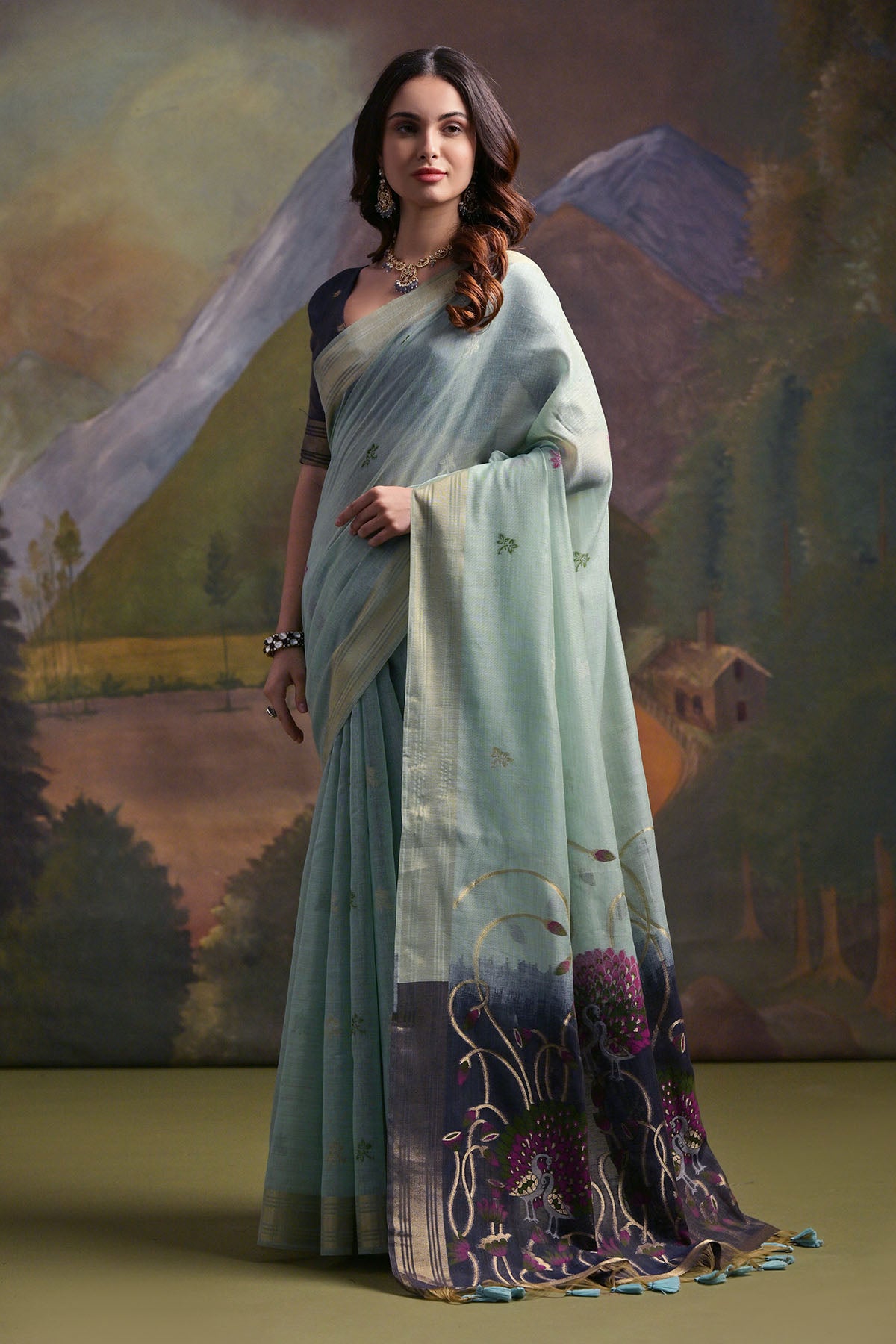 Firozi Peacock Thread Work Saree