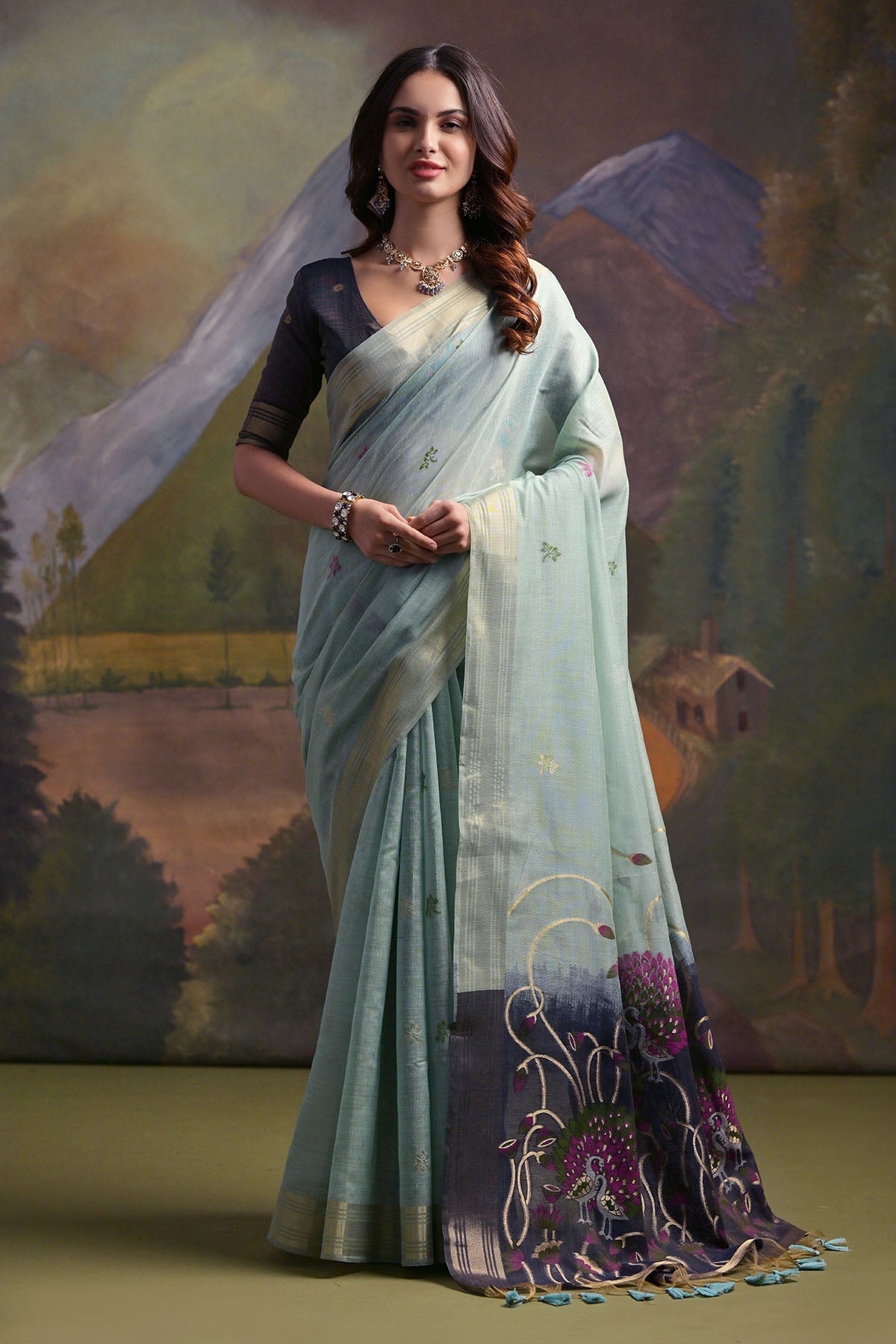 Buy Firozi Peacock Thread Work Saree by Lili Lala for women online at ScrollnShops