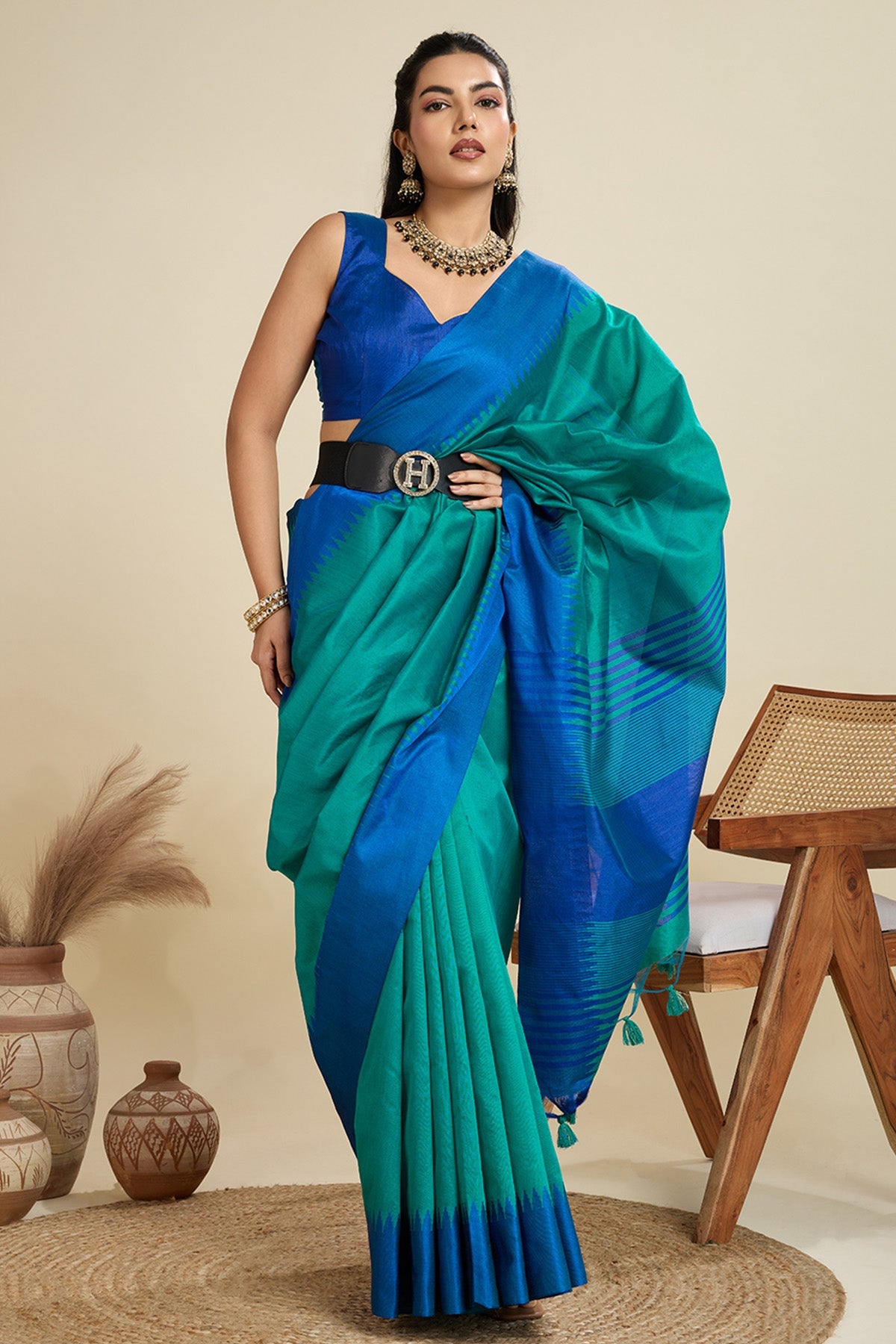 Buy Firozi Raw Silk Thread Saree for Women Online available at ScrollnShops