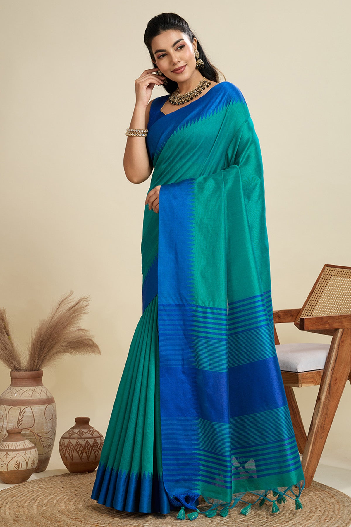 Firozi Raw Silk Thread Saree