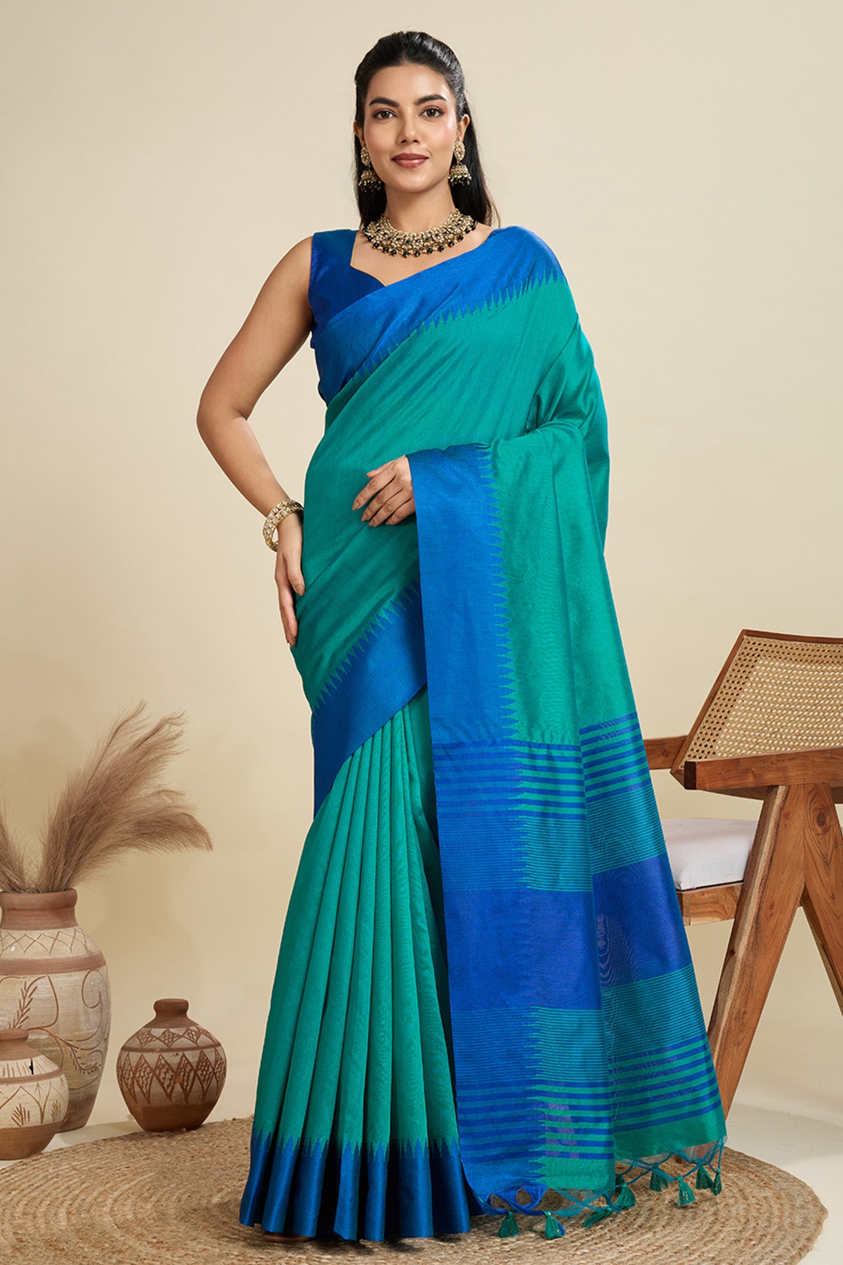 Firozi Raw Silk Thread Saree