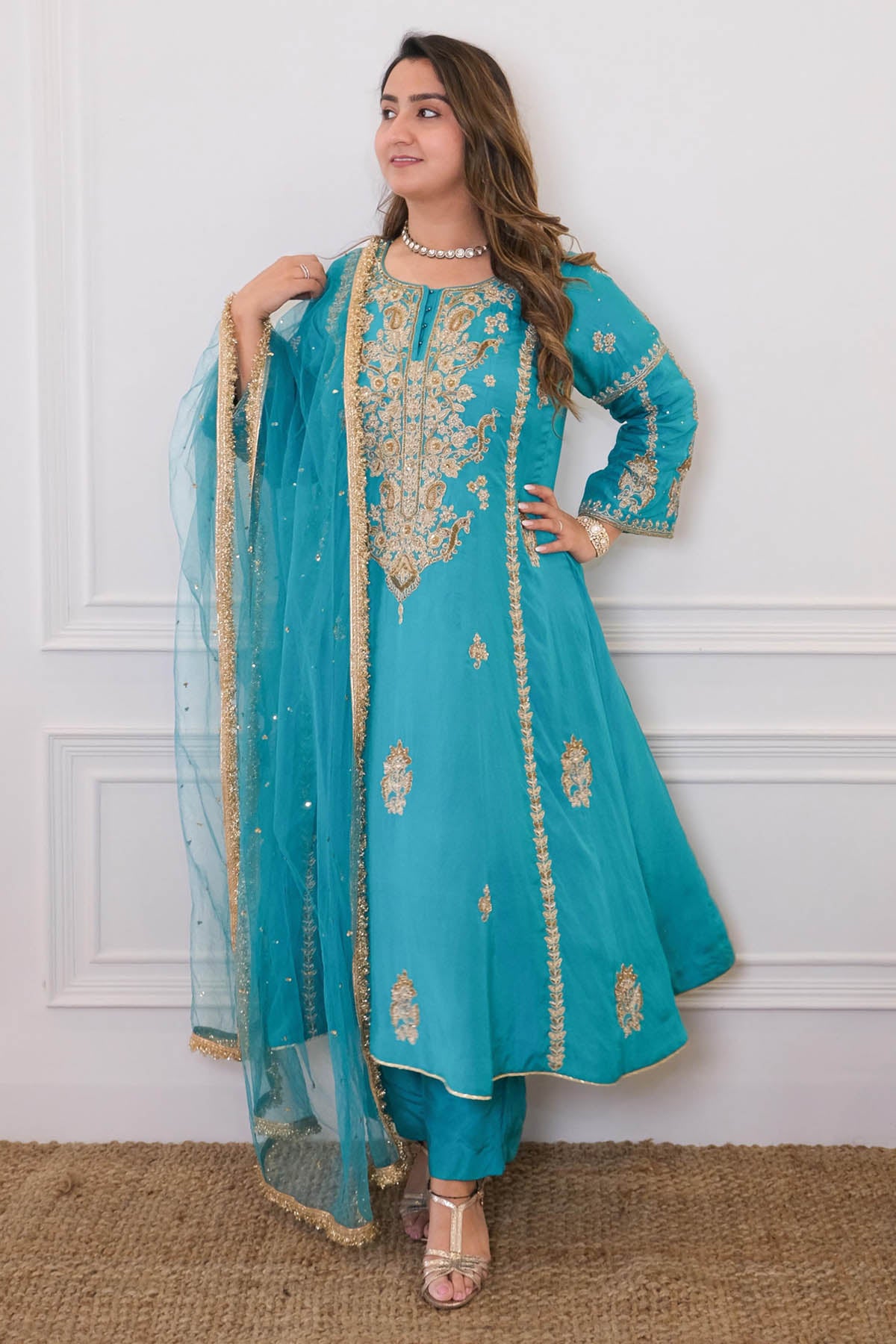 Firozi Silk Kalidar Kurta Set