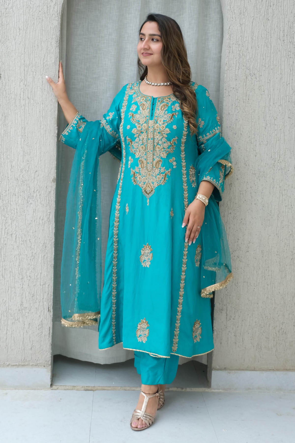 Label Pavneet Firozi Silk Kalidar Kurta Set for women online at ScrollnShops